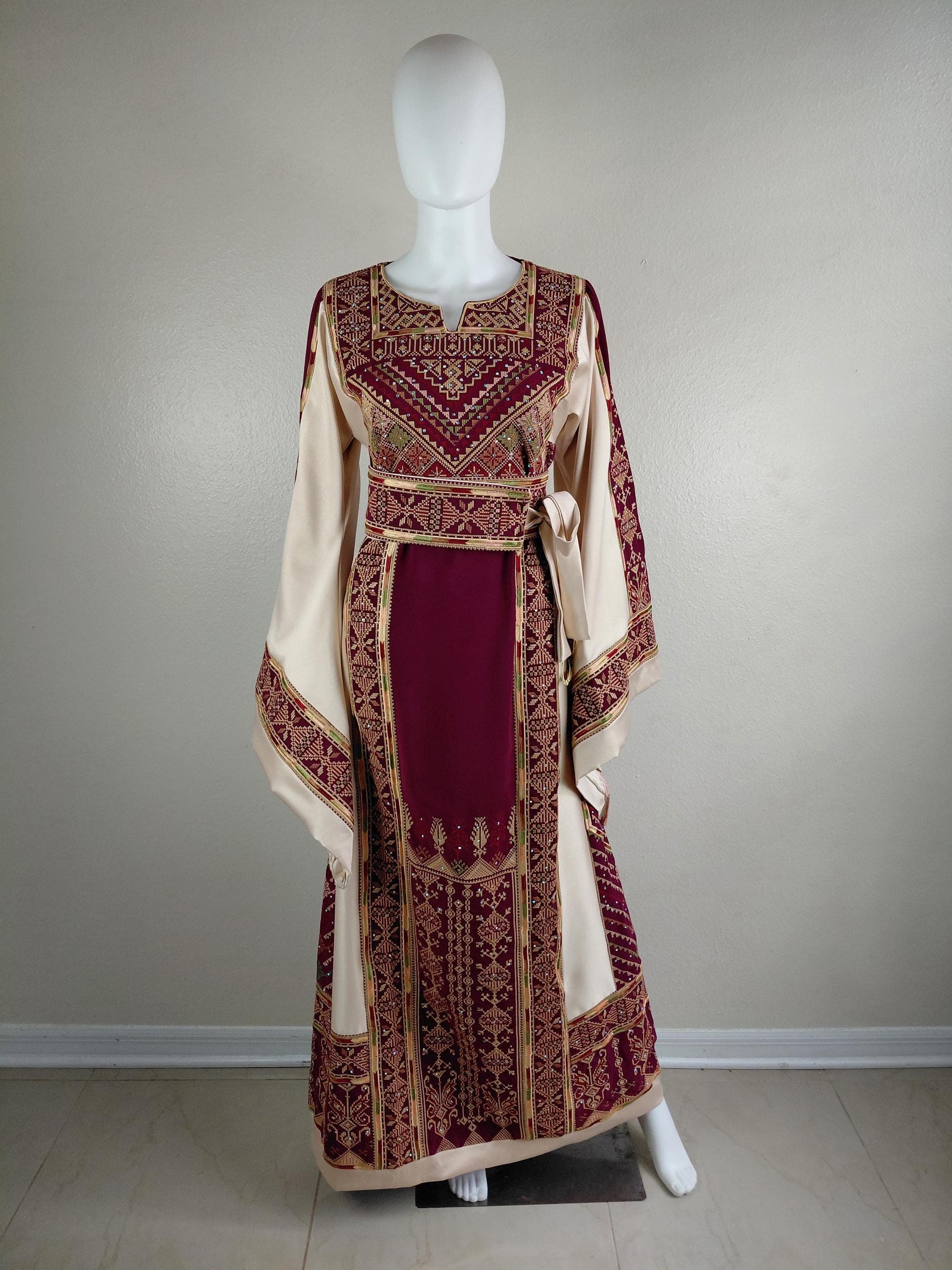 Palestinian Thobe Tatreez Dress Luxury Fellahi Burgundy and Golden Rosary.