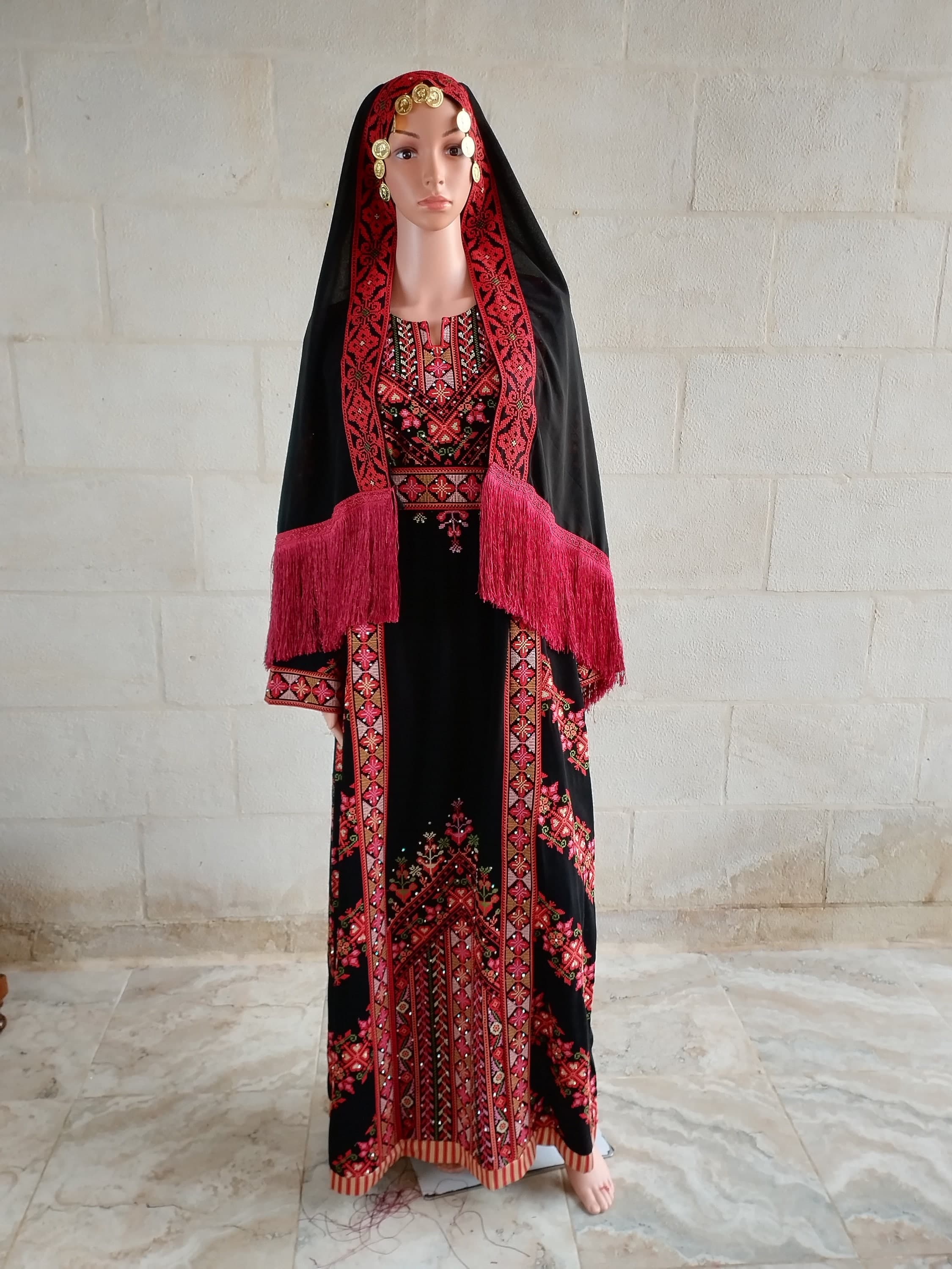 Palestinian Tatreez Tarha Scarf headpiece embroidery Black and Red with coins - image 5
