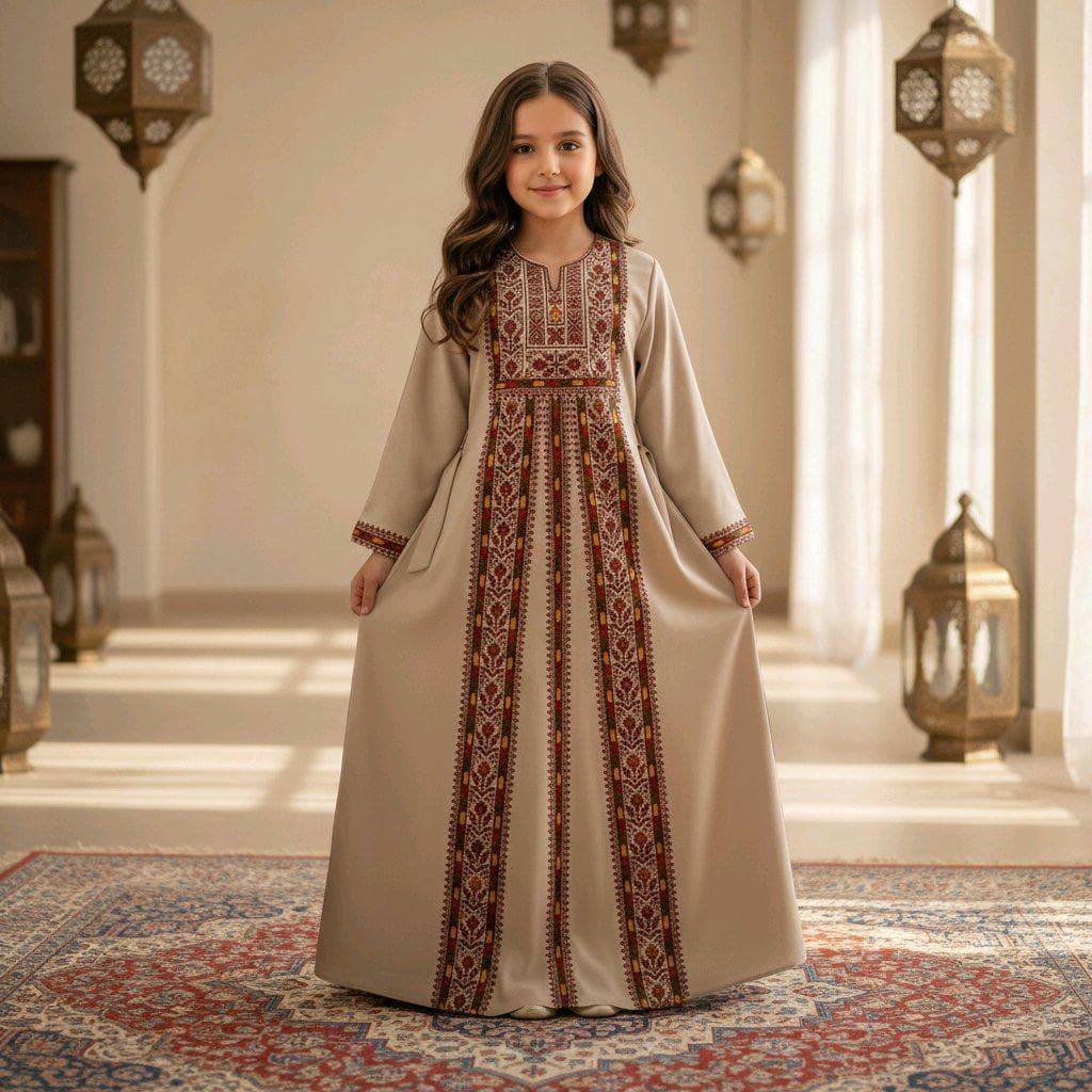 Palestinian Thobe Tatreez Little Girls Dress Cappuccino with Burgundy embroidery - image 4