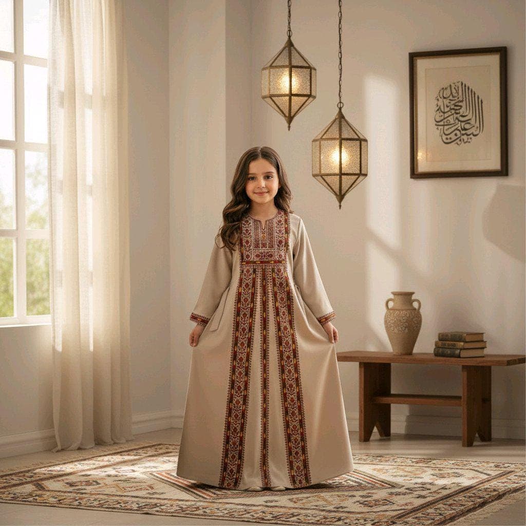 Palestinian Thobe Tatreez Little Girls Dress Cappuccino with Burgundy embroidery - image 3