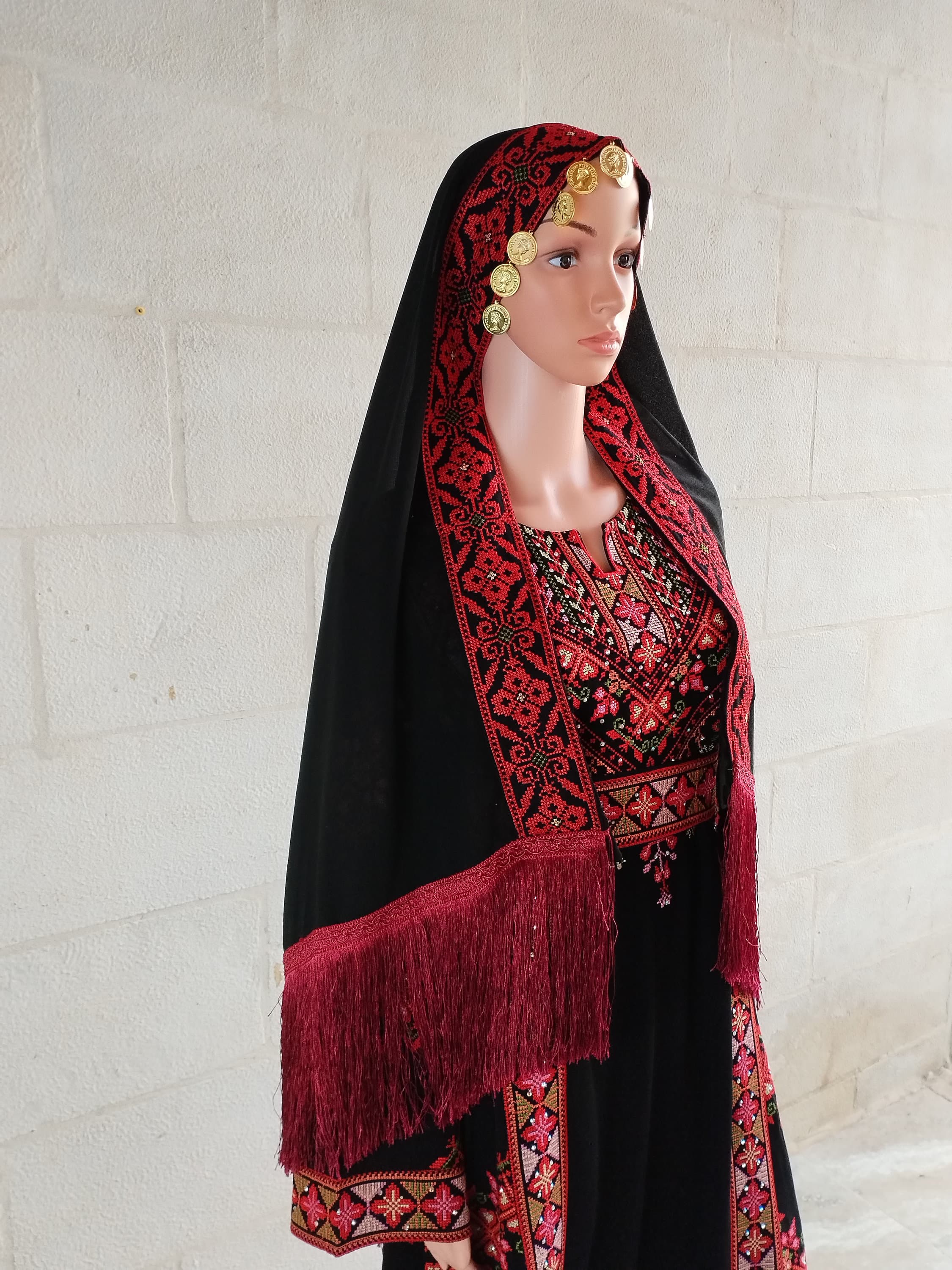 Palestinian Tatreez Tarha Scarf headpiece embroidery Black and Red with coins - image 3