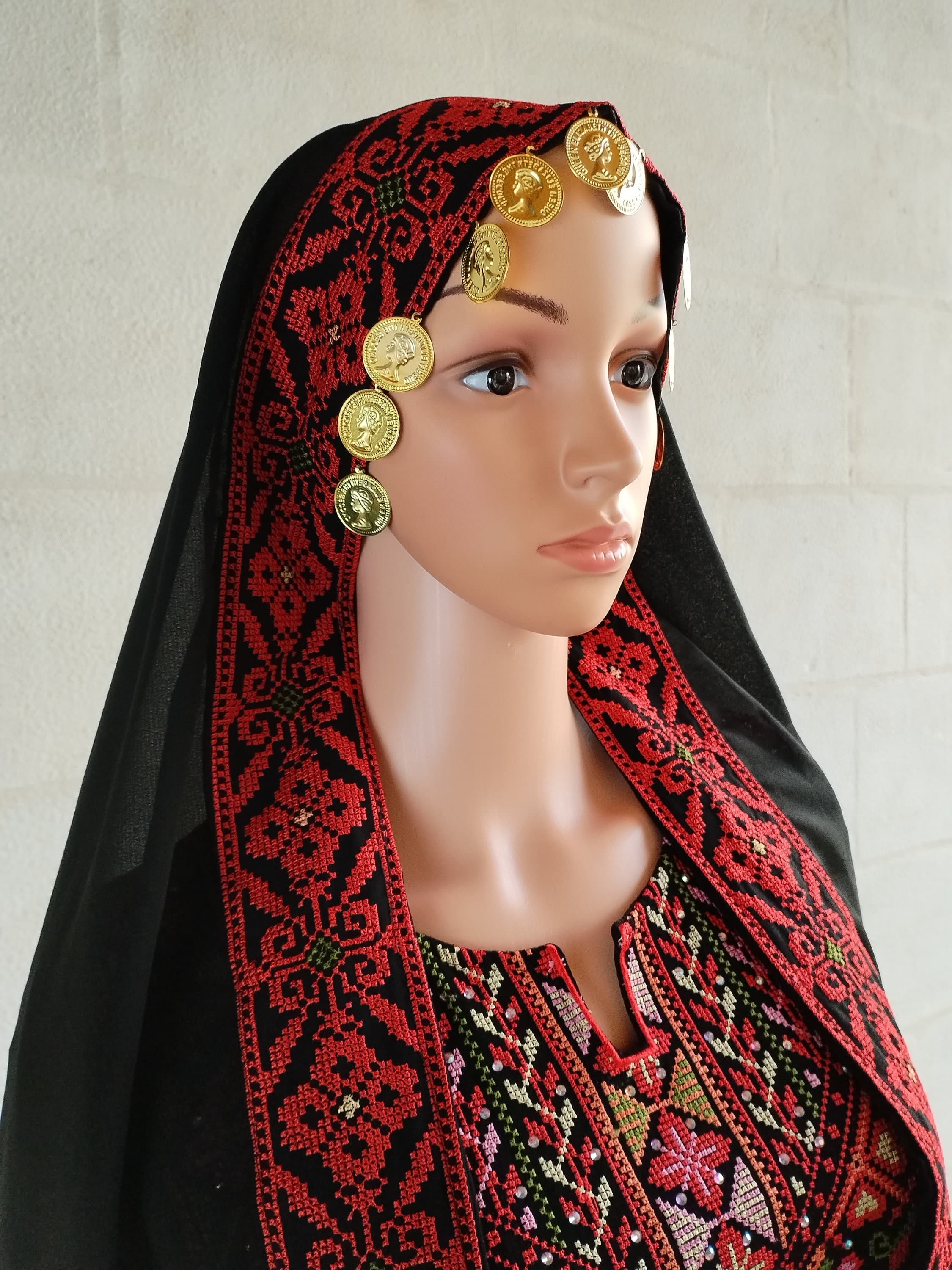 Palestinian Tatreez Tarha Scarf headpiece embroidery Black and Red with coins