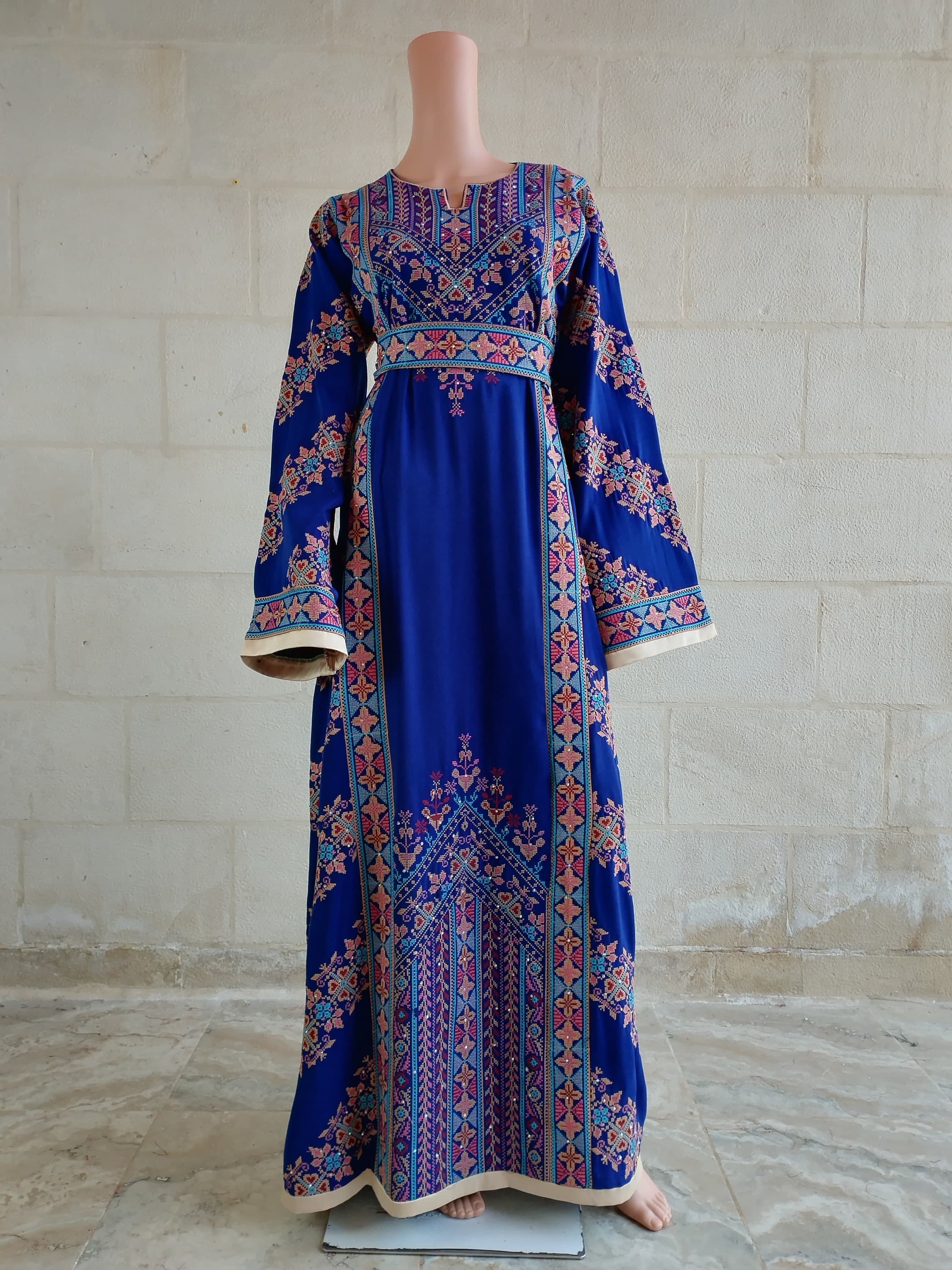 Palestinian Thobe Tatreez Dress Blue and Red Embroidery connect - image 3