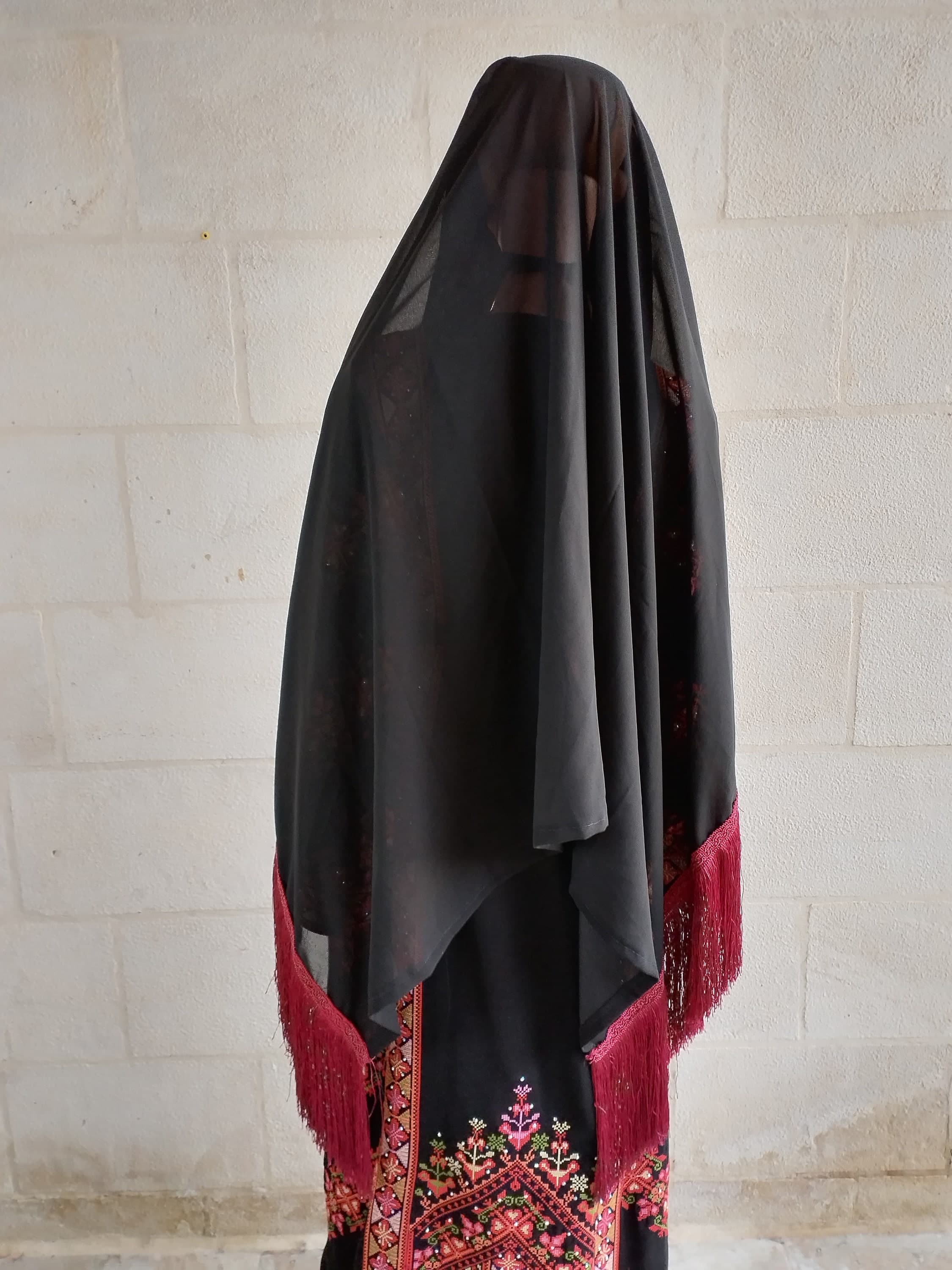 Palestinian Tatreez Tarha Scarf headpiece embroidery Black and Red with coins - image 4