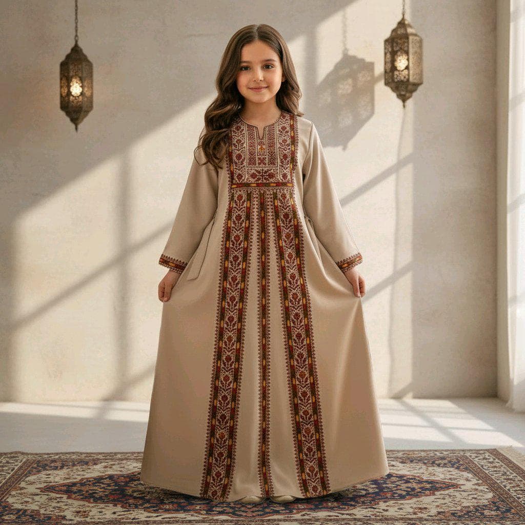 Palestinian Thobe Tatreez Little Girls Dress Cappuccino with Burgundy embroidery - image 5