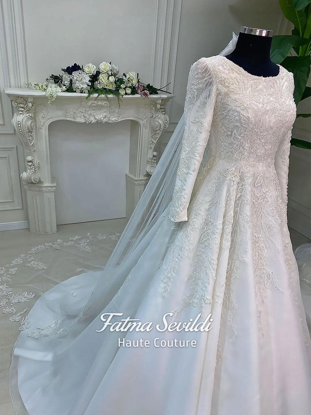Muslim Wedding Dress with Hijab, Beaded Lace Modest Bridal Gown with Balloon Sleeves