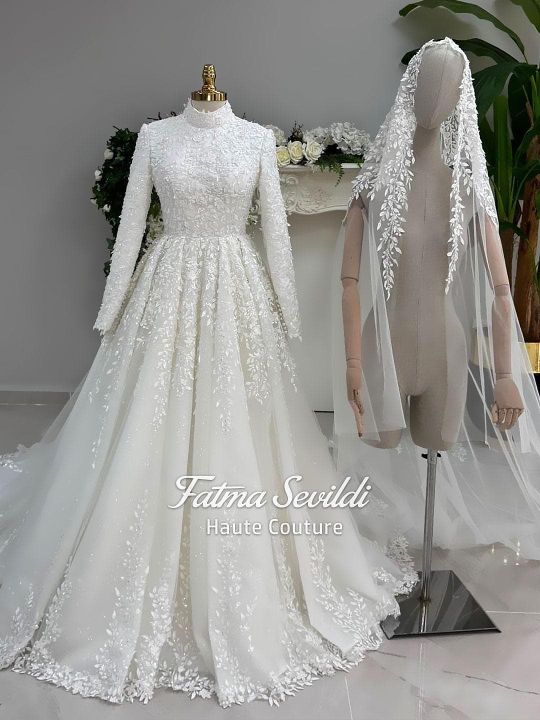 Veiled hijab wedding dress with glitter tulle ballgown skirt, high neck and long sleeves, custom made for luxury modest bridal coverage. Includes a premium lace veil for a complete Muslim bridal set.