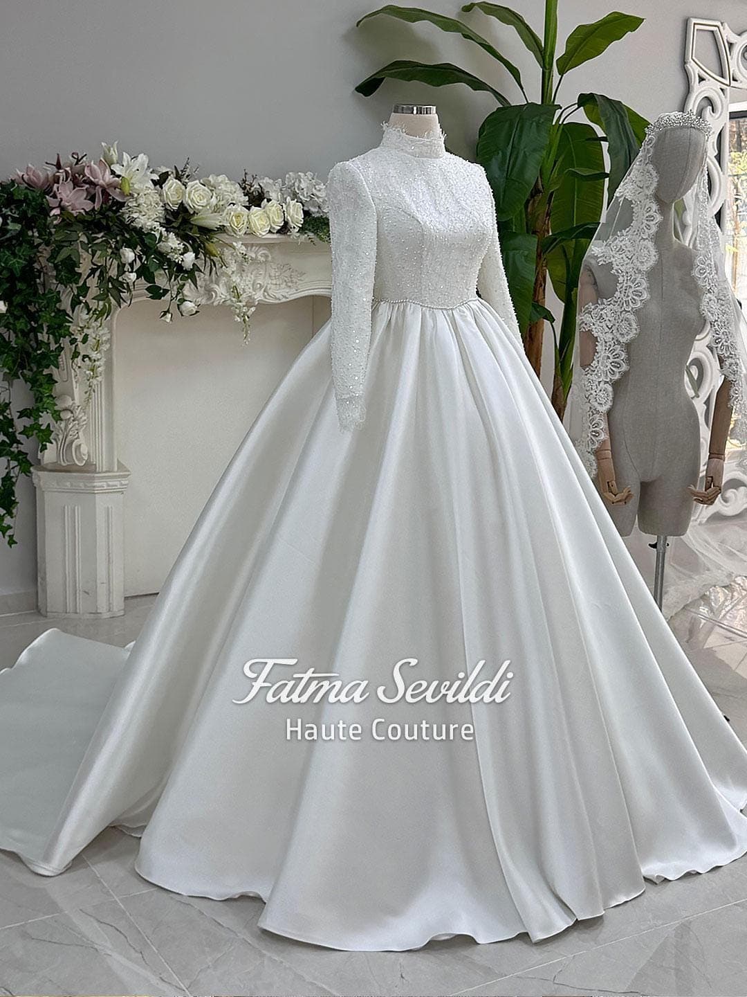 Satin Ballgown Hijab Wedding Dress, Beaded Lace, High Neck Long Sleeve Muslim Couture