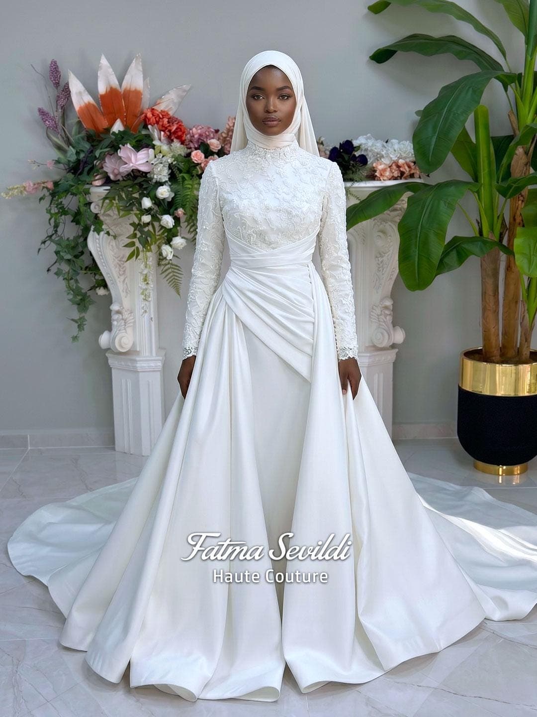 Custom Hijab Wedding Dress, Veiled Modest Bridal Gown, Long Sleeve Floral Lace, A-Line Silhouette