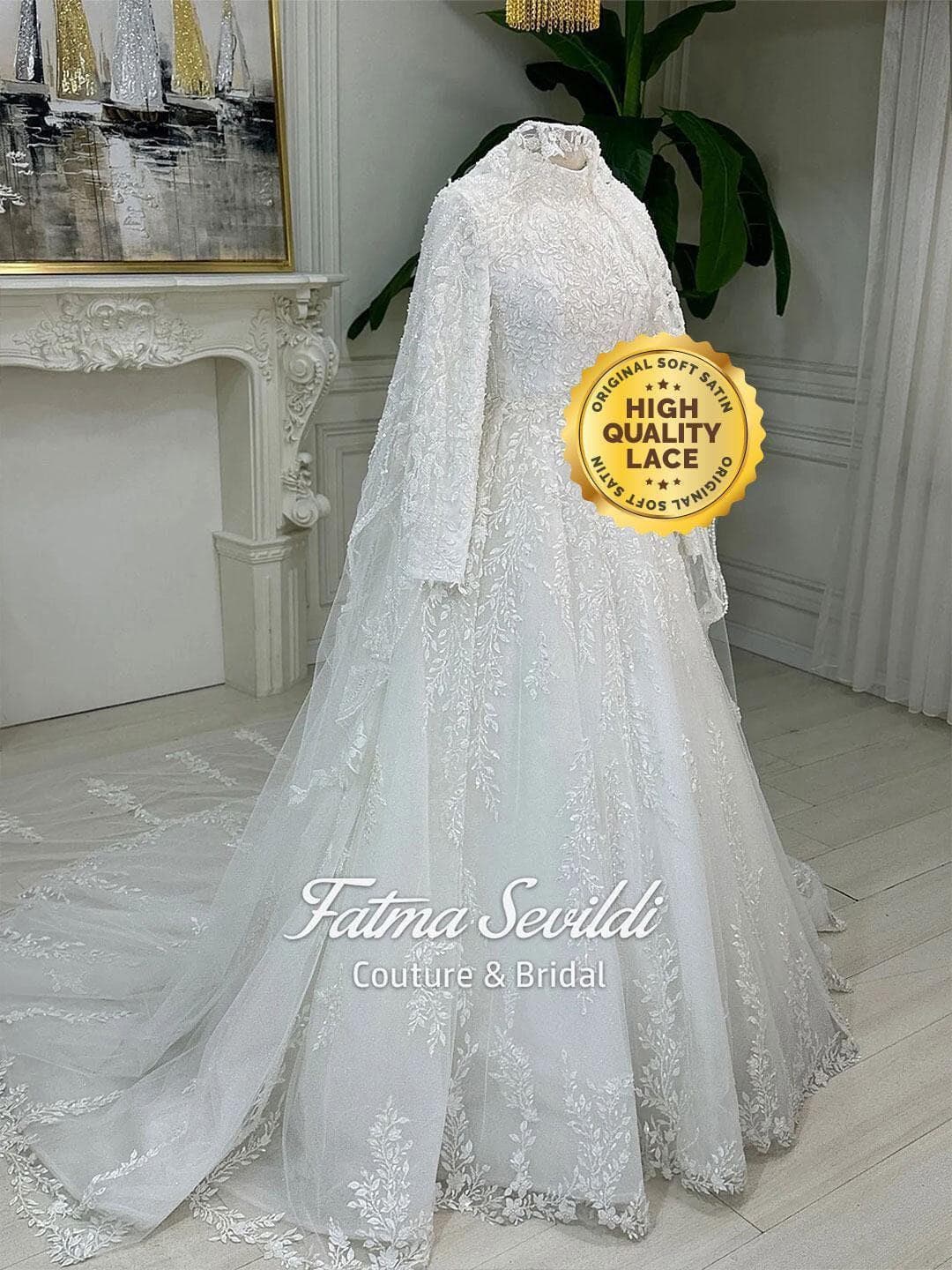 Muslim Wedding Dress with Hijab, High Neck Long Sleeve 3D Lace Ballgown, Custom