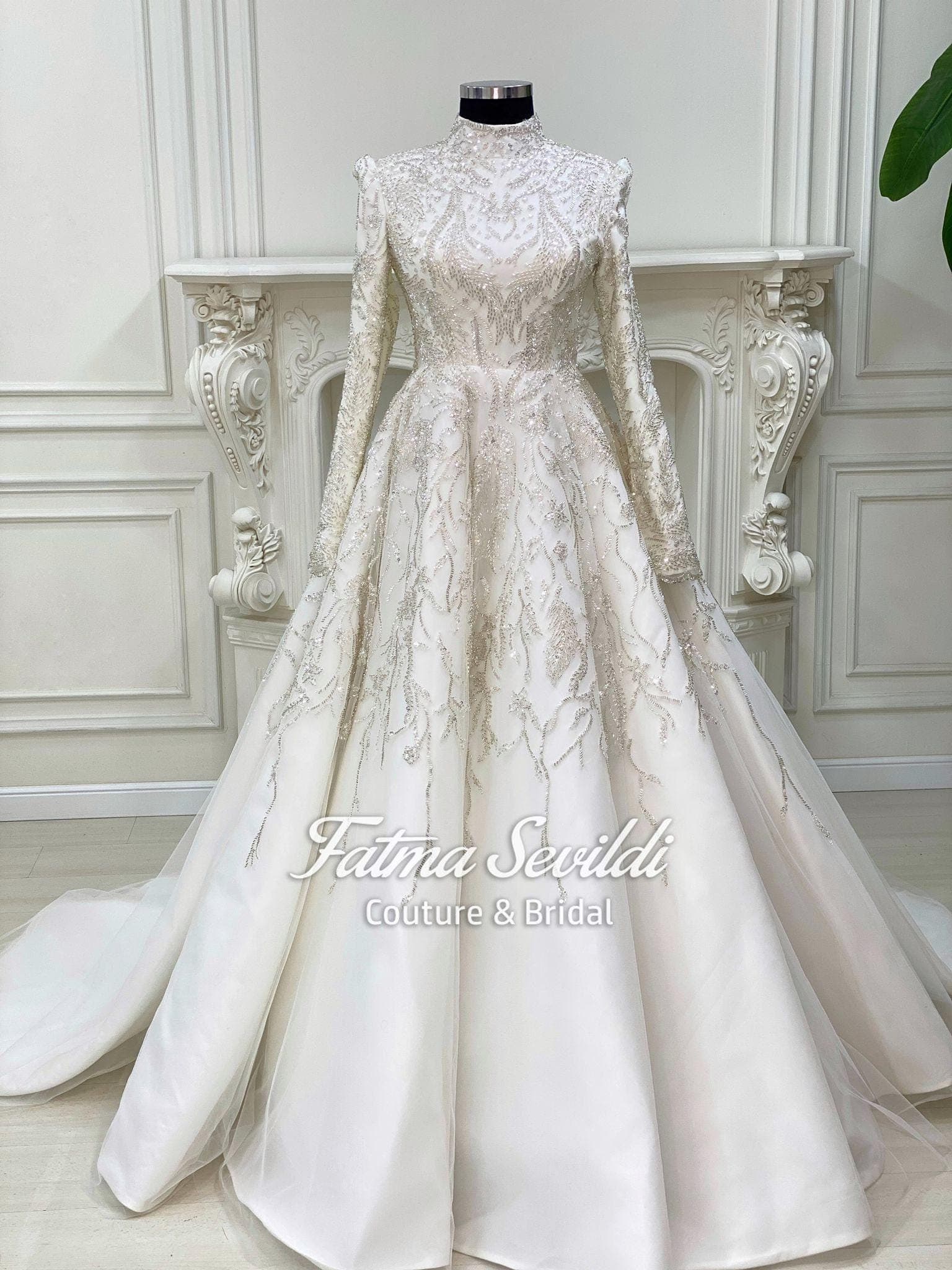Elegant Hijab Wedding Dress, Beaded Lace, High Neck Long Sleeve Corset Ballgown
