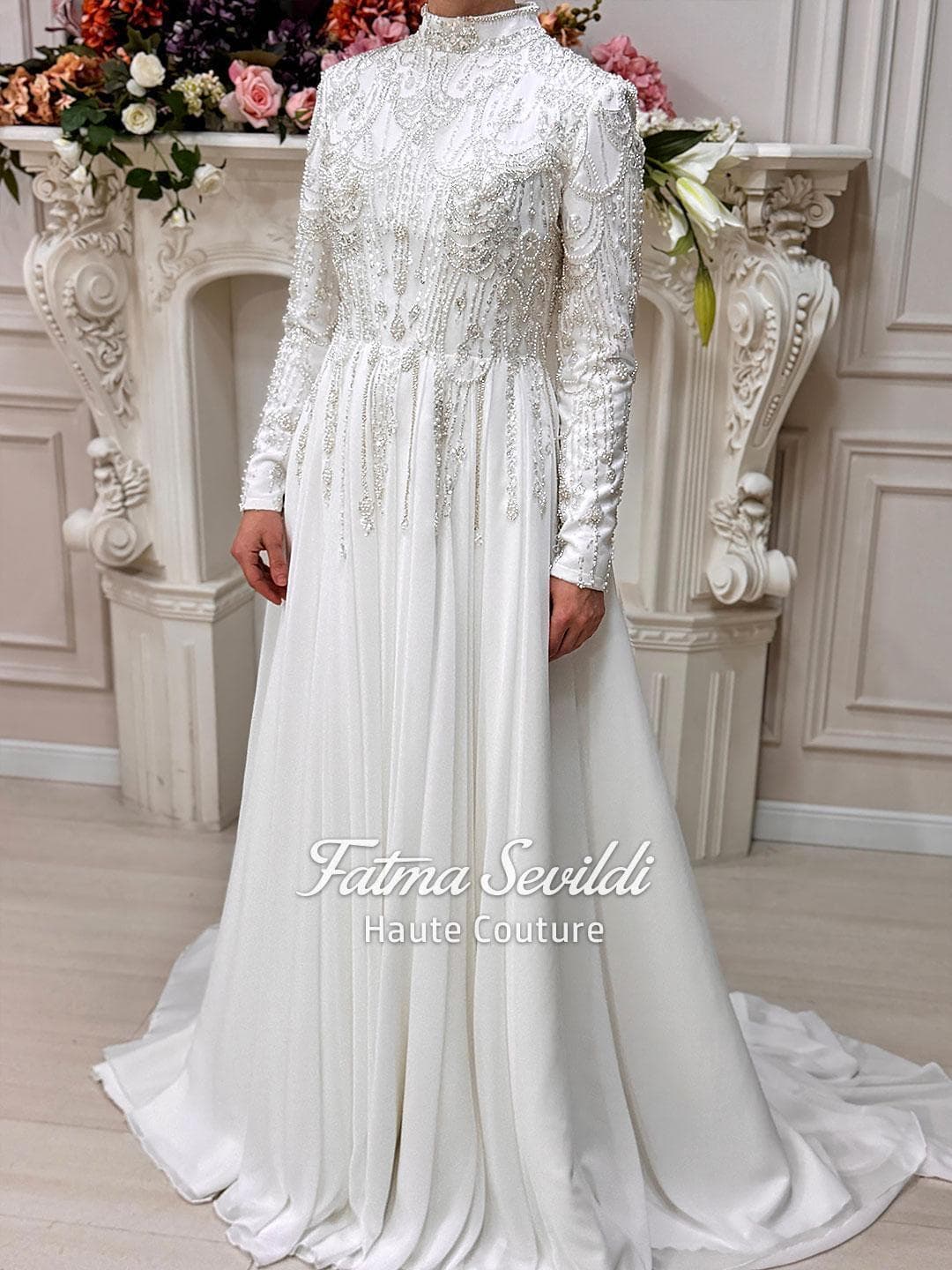 Muslim Wedding Dress with Hijab Beaded Lace High Neck Long Sleeve Modest A-Line Gown