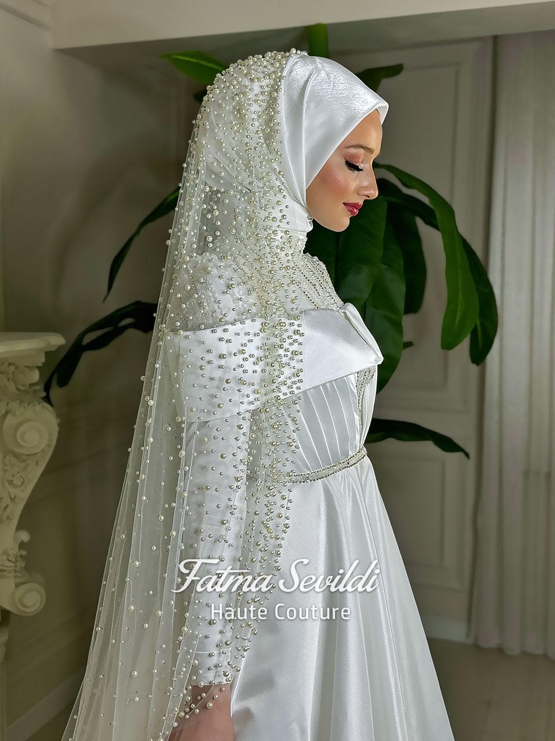 Elegant Satin Hijab Wedding Dress, High Neck Long Sleeve A-Line Gown + Pearl Veil Tulle