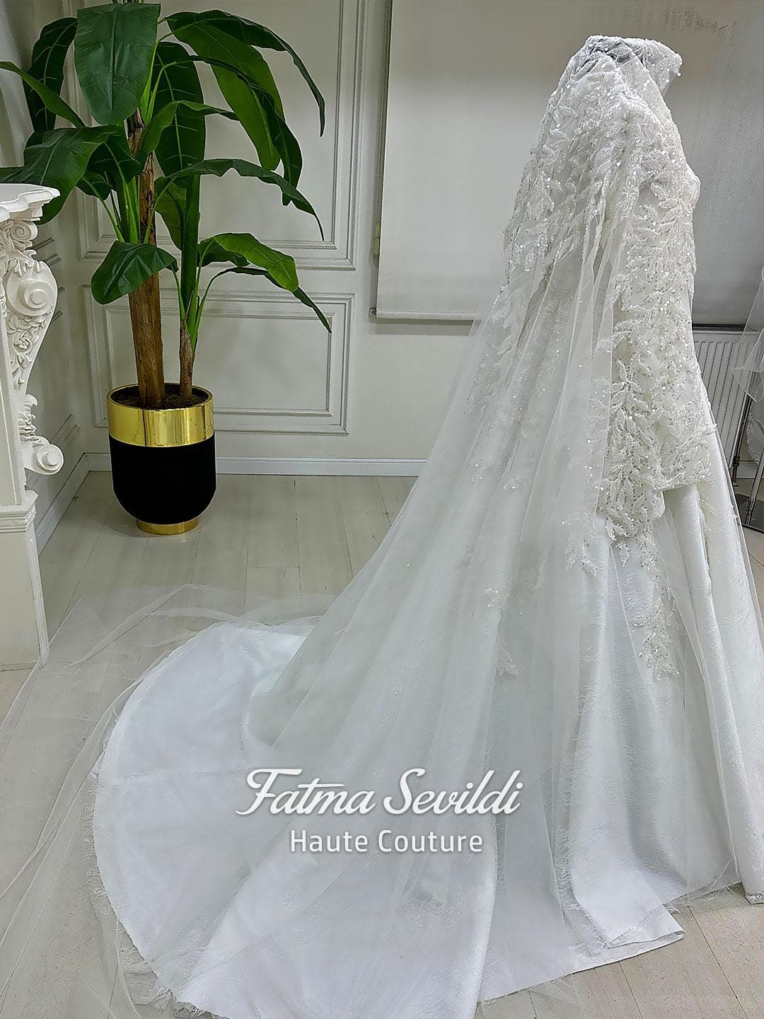 3D Lace Muslim Wedding Dress, Beaded Long Sleeve Modest Bridal Gown - image 4