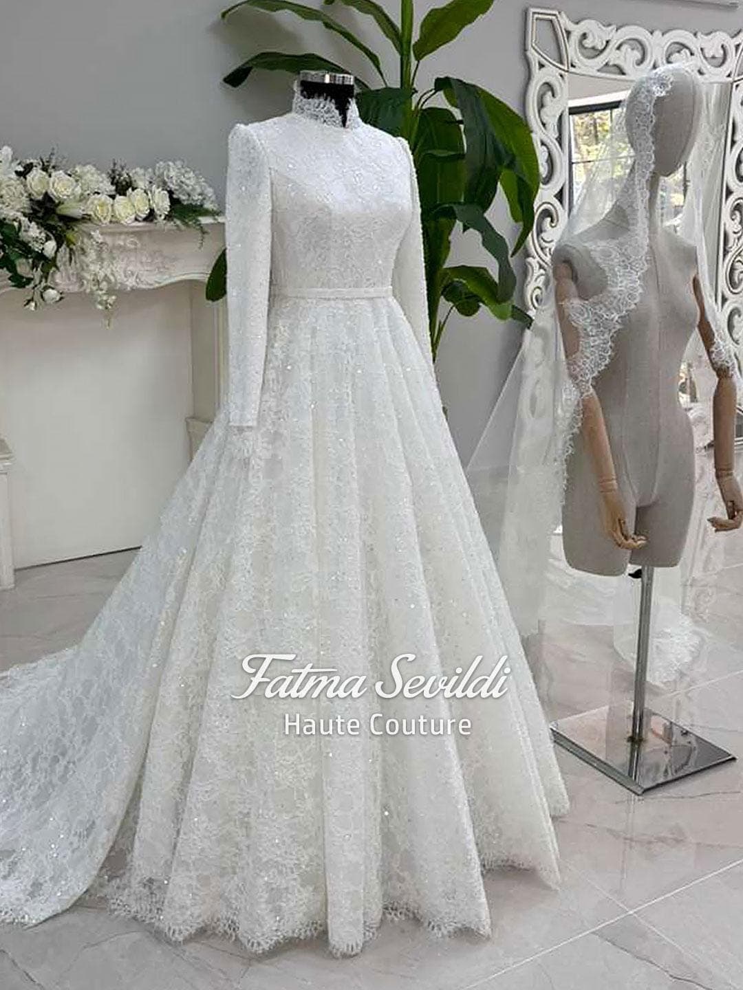 Muslim Wedding Dress with Hijab, Full Beaded Lace High Neck Long Sleeve Couture Gown