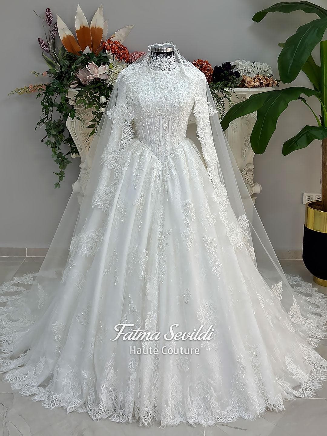 Beaded lace Corset Hijab Wedding Dress, Long Sleeve High Neck, Veiled Basque Lace Bridal - image 4