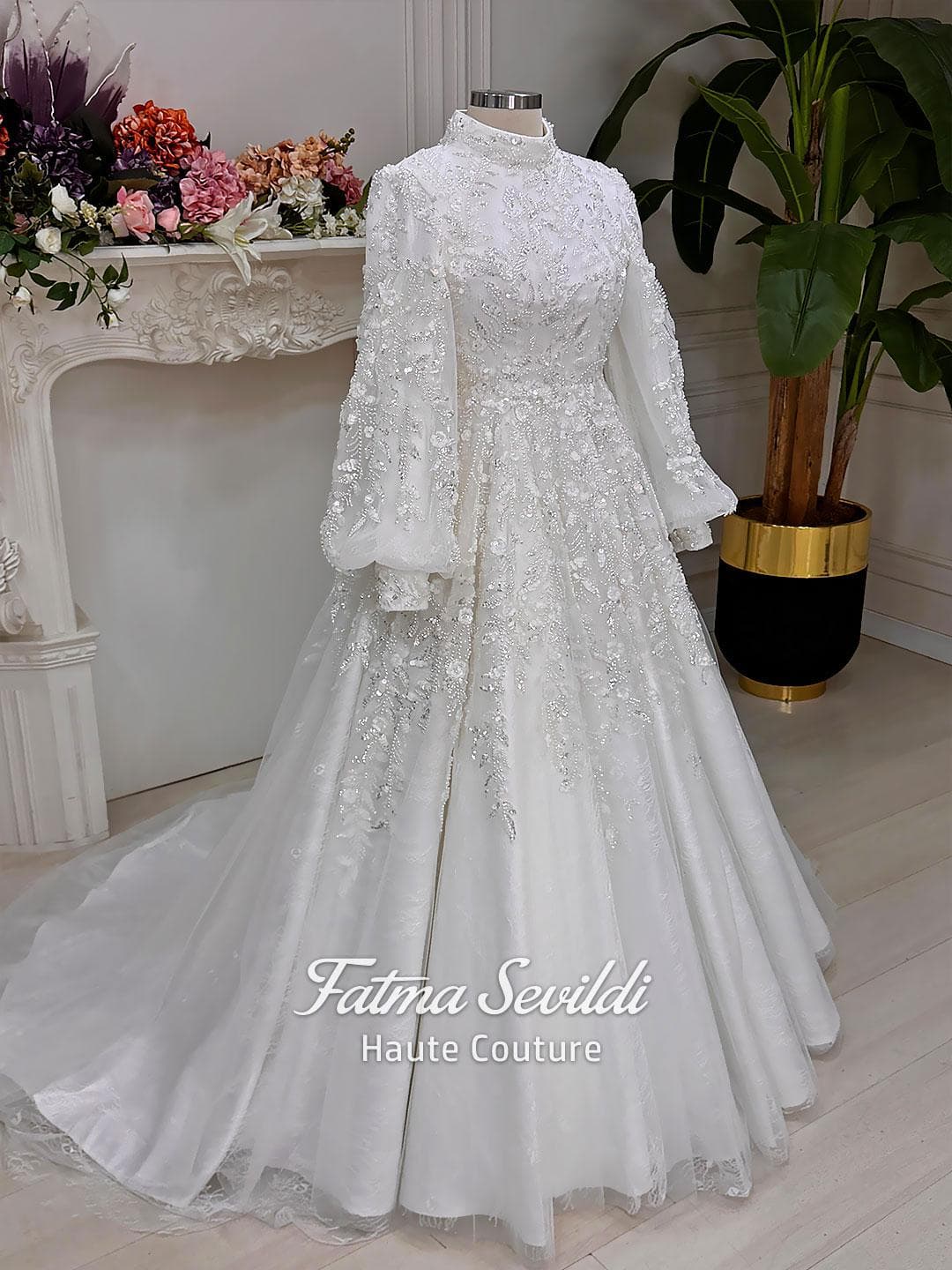 Muslim Wedding Dress Veiled, Beaded Lace High Neck Modest Bridal Gown, Hijab Style