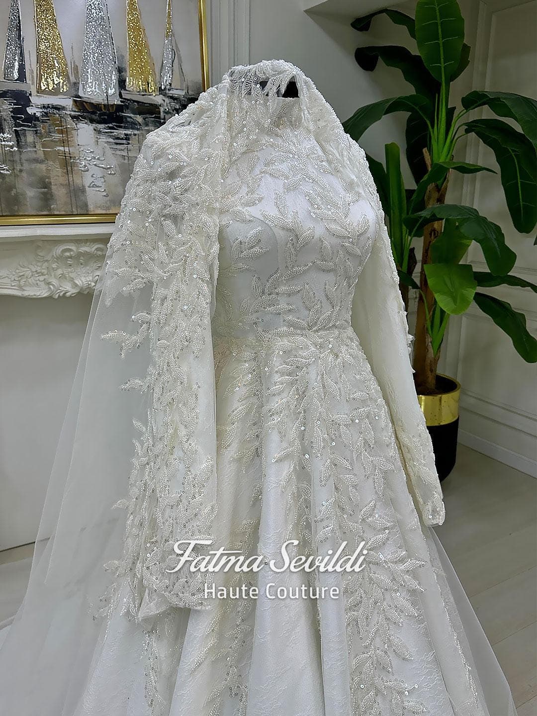 3D Lace Muslim Wedding Dress, Beaded Long Sleeve Modest Bridal Gown - image 3
