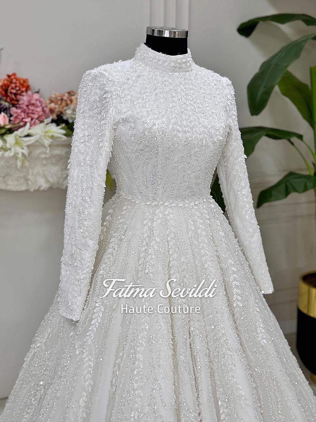 Modest Beaded Lace Wedding Dress, Long Sleeve High Neck Hijab Bridal Gown