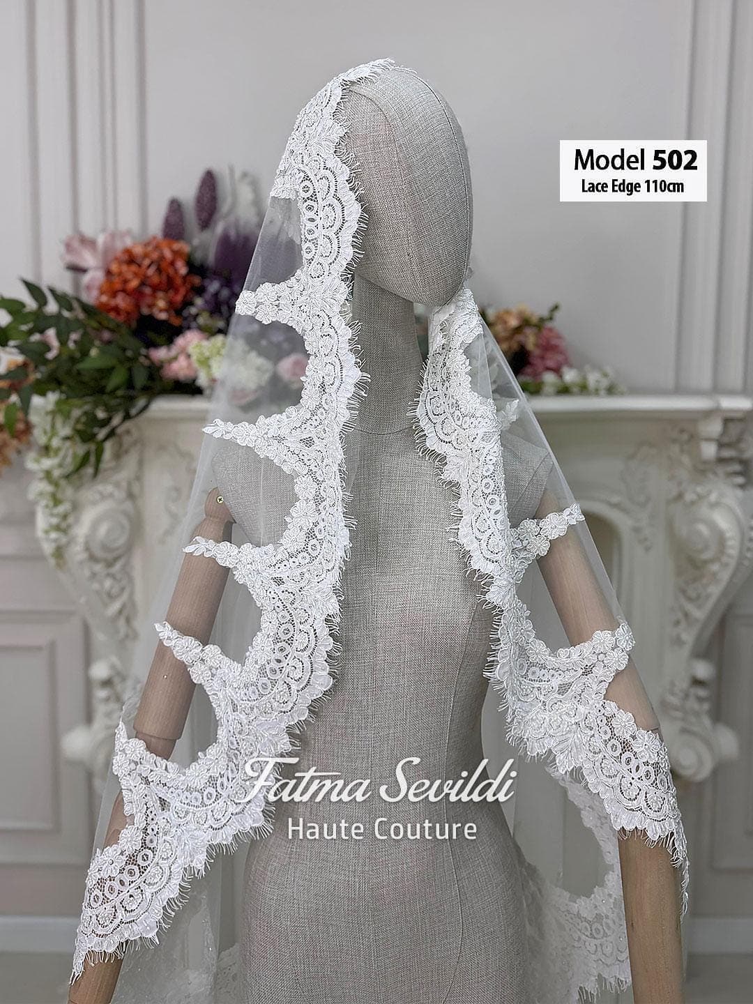 Beaded lace hijab wedding veil on soft premium tulle, modest bridal style from fingertip to waltz length. Optional hijab head set and comb choice available.