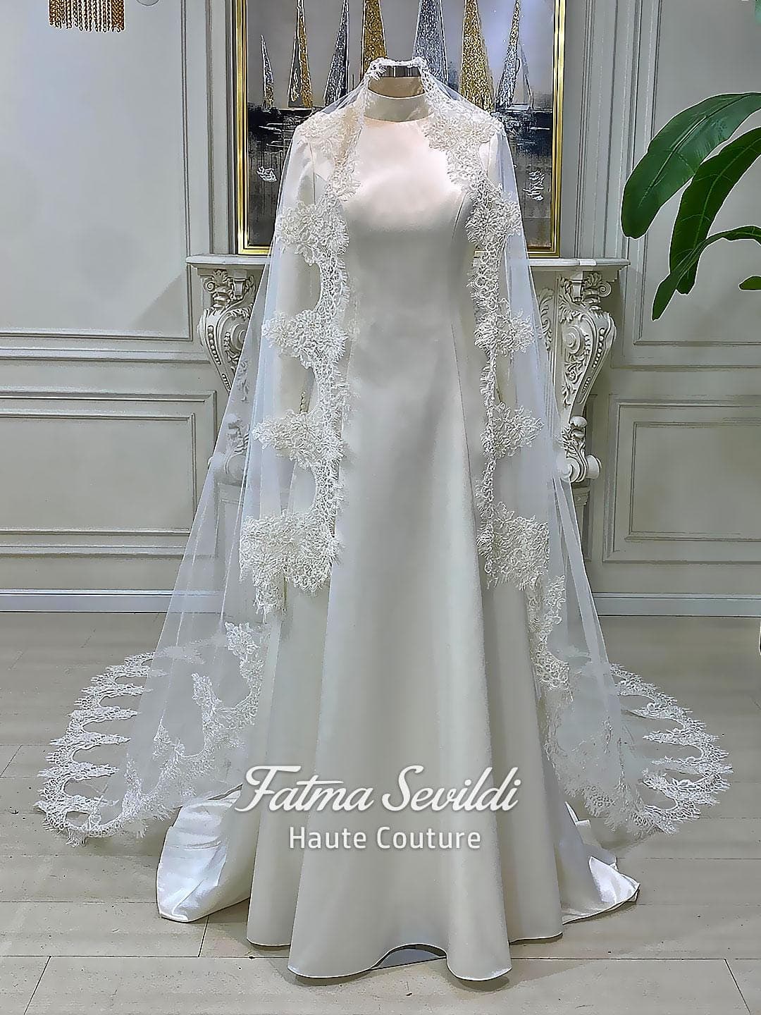 Veiled Satin Hijab Wedding Dress, High Neck Long Sleeve A-Line Modest Nikkah Gown