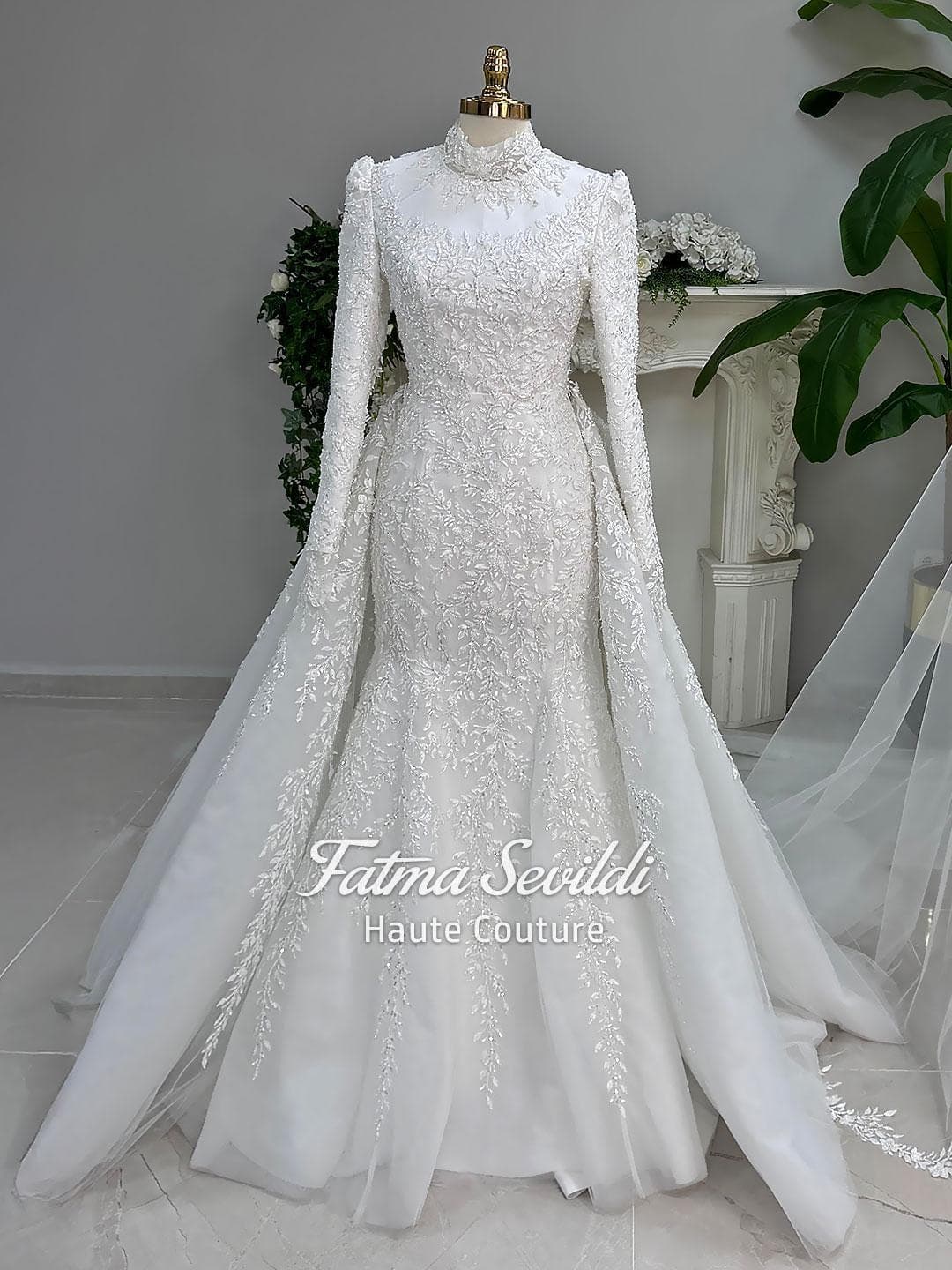 Muslim Wedding Dress with Hijab, Mermaid Gown with Detachable Overskirt, Long Sleeve High Neck