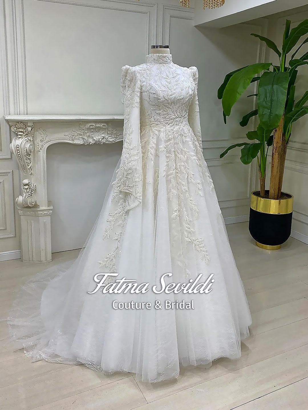 Fatma Sevildi Haute Couture hijab wedding dress, modest bridal gown with long sleeves, lace and beaded details, custom made Muslim wedding dress