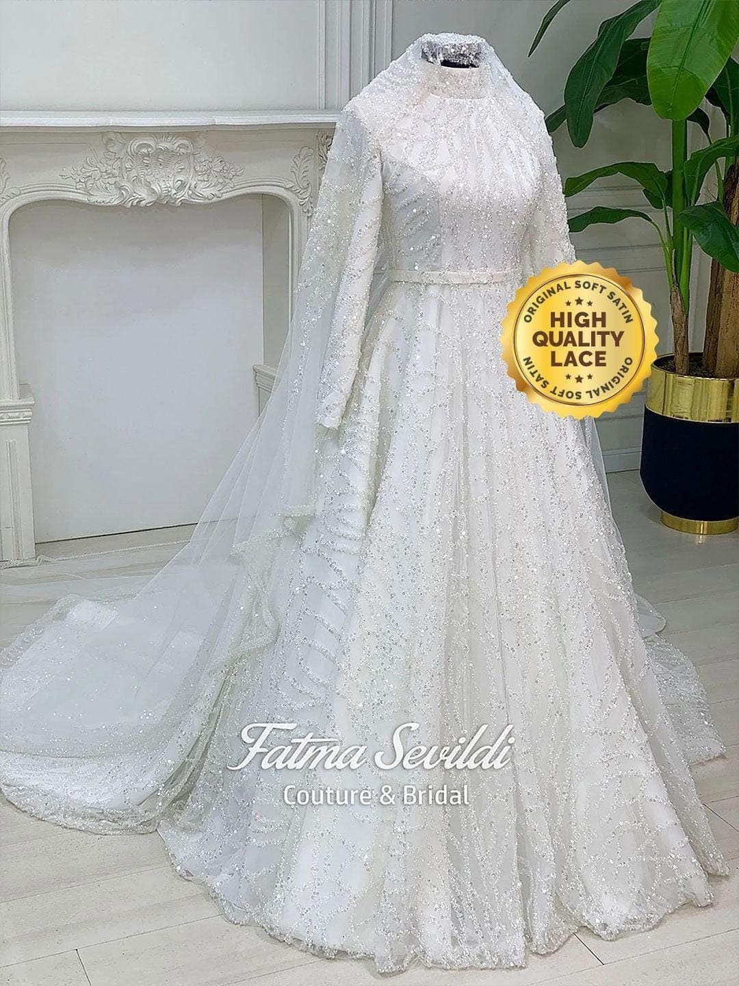 Veiled hijab wedding dress, full beaded lace ballgown, high neck long sleeve