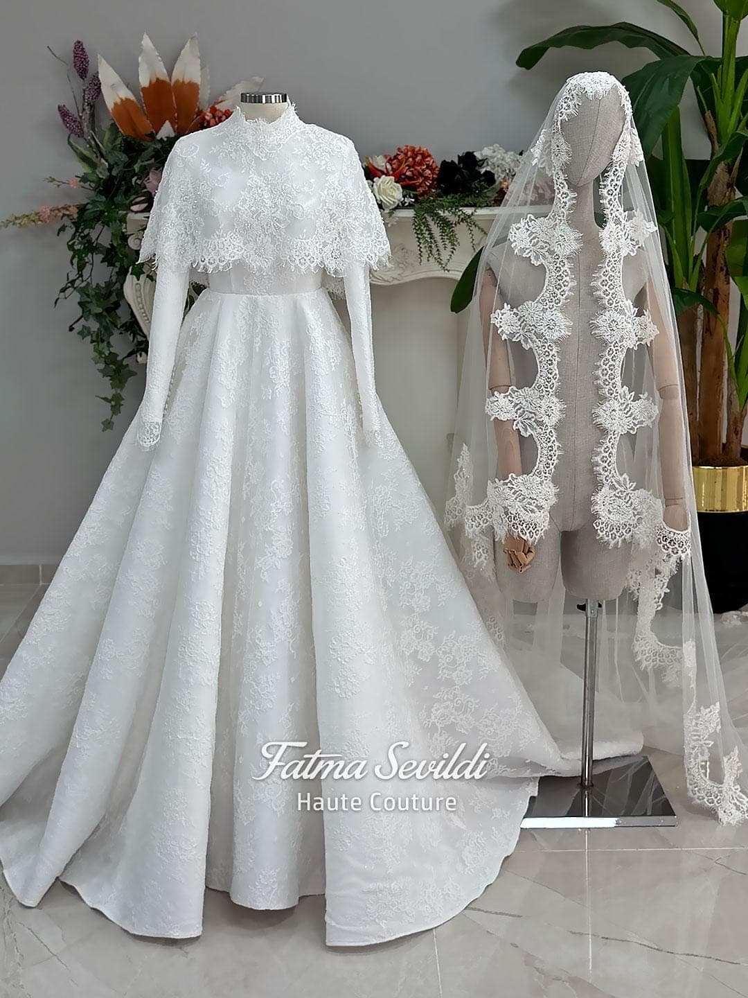 Hijab Wedding Dress with Detachable Lace Cape, Cathedral Train, Elegant Veiled Couture Gown