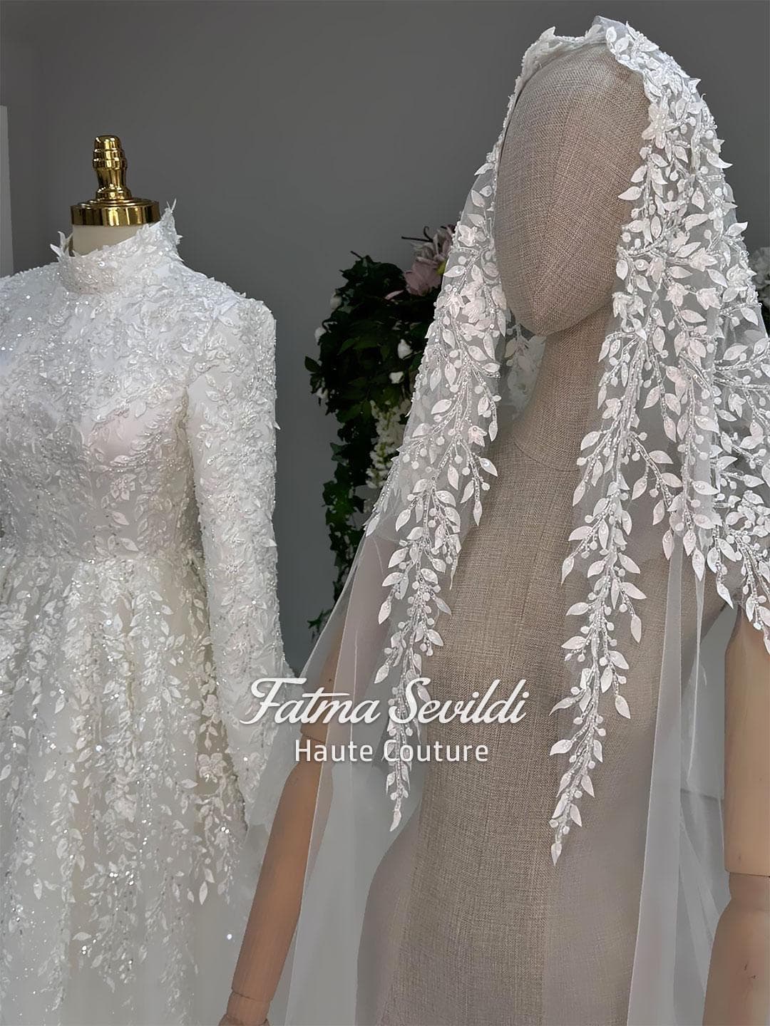 Veiled hijab wedding dress with glitter tulle ballgown skirt, high neck and long sleeves, custom made for luxury modest bridal coverage. Includes a premium lace veil for a complete Muslim bridal set.