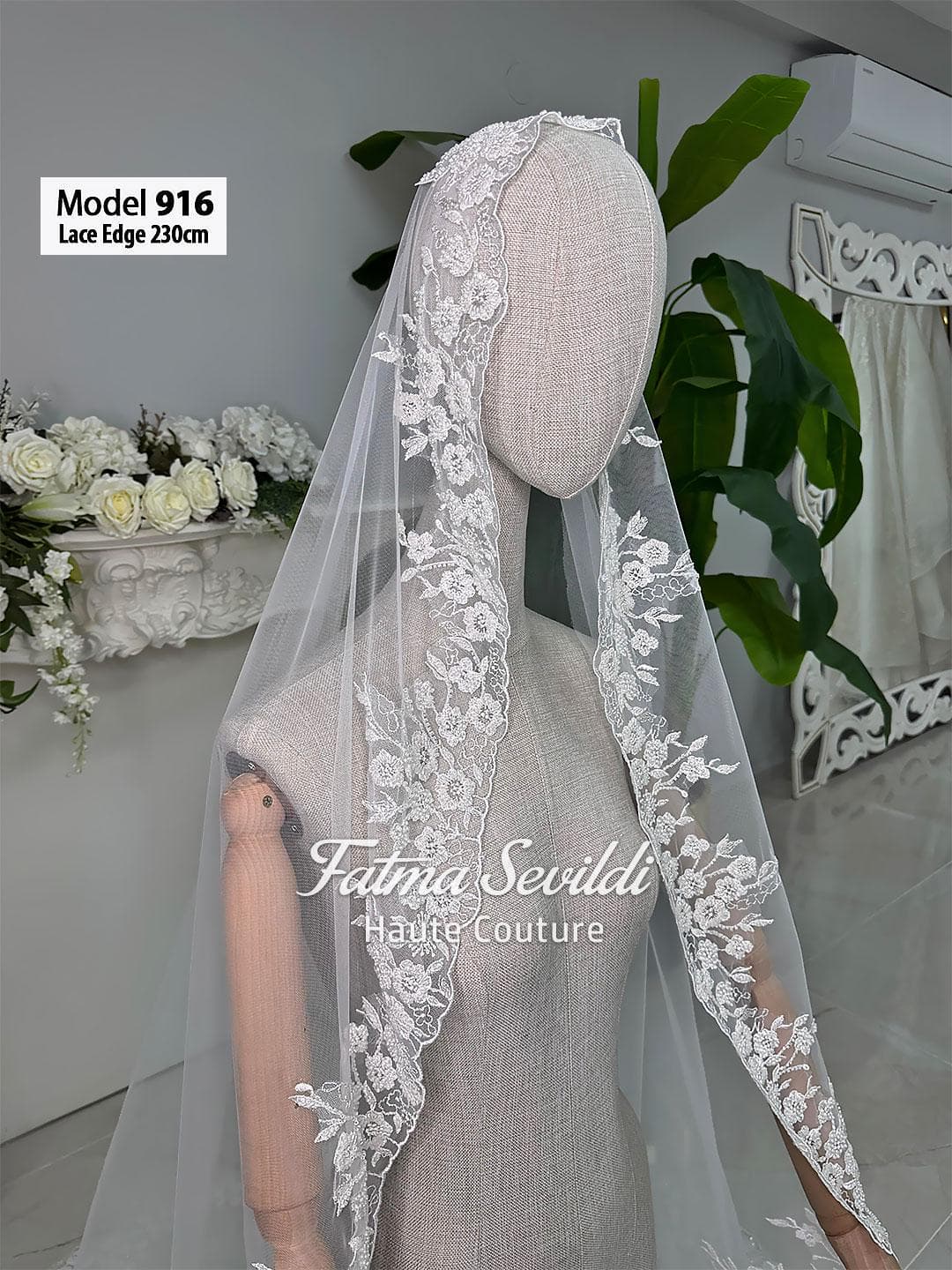 Cathedral Lace Edge Bridal Veil, Hand-Sewn Hijab-Friendly Ivory Wedding Veil V15