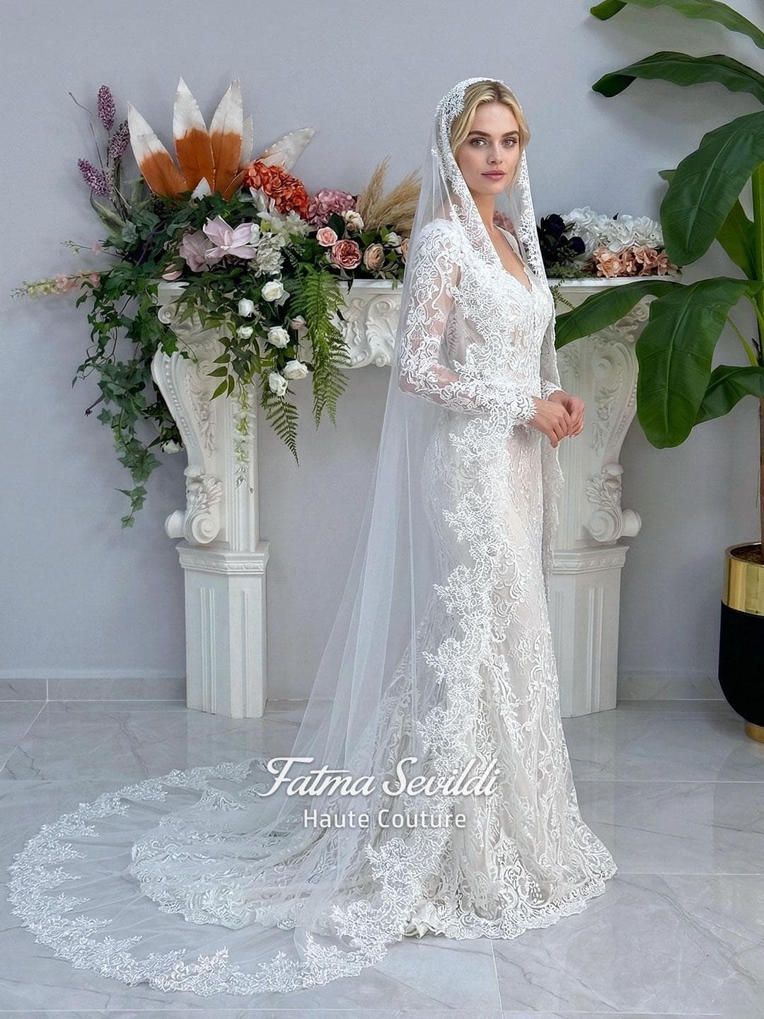 Hijab Wedding Veil Cathedral, Lace Edge Mantilla Style Long Tulle Bridal Veil - image 5