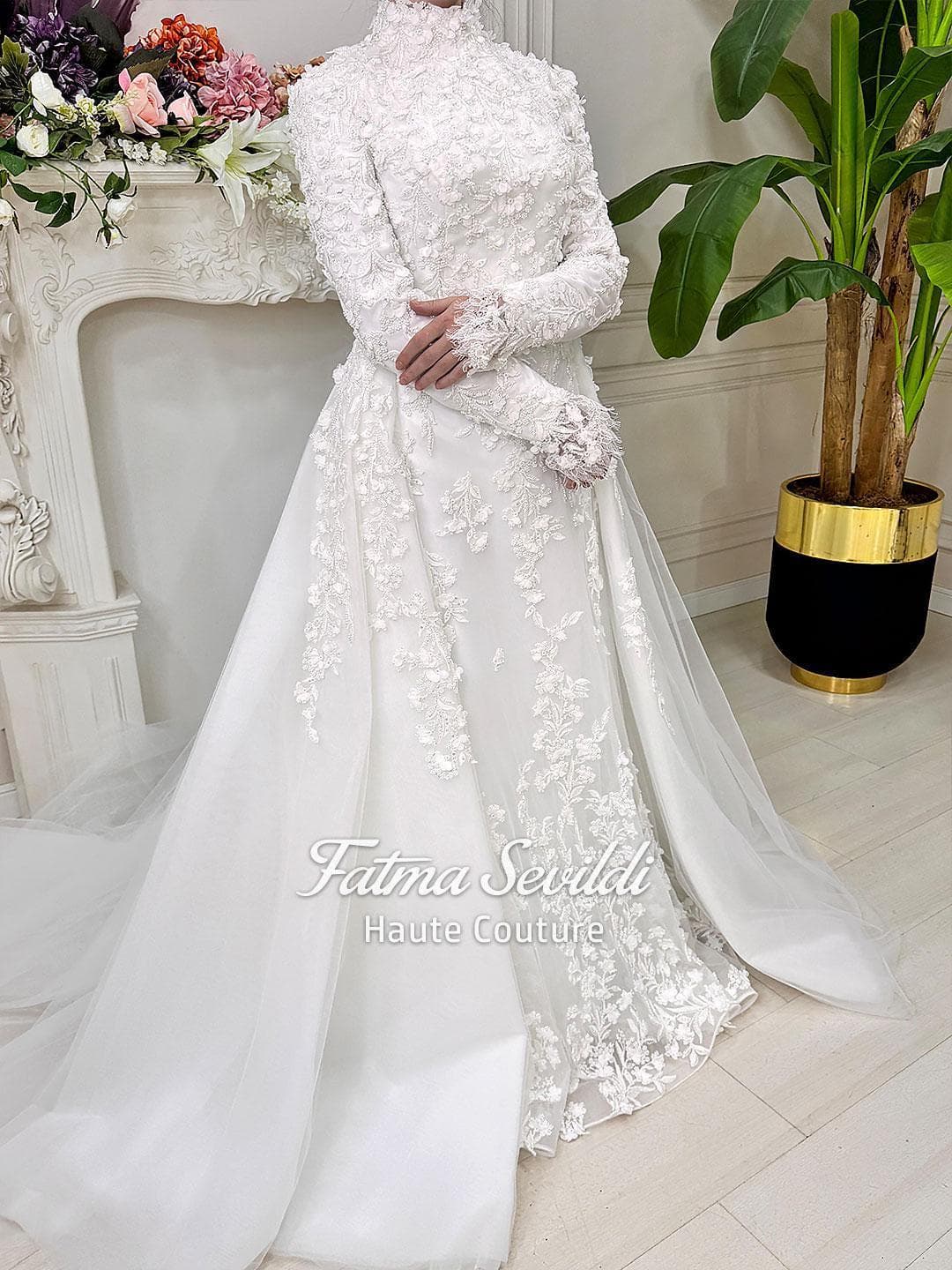 Elegant Mermaid Hijab Wedding Dress, High Neck Long Sleeve 3D Lace Detachable Skirt, Veiled