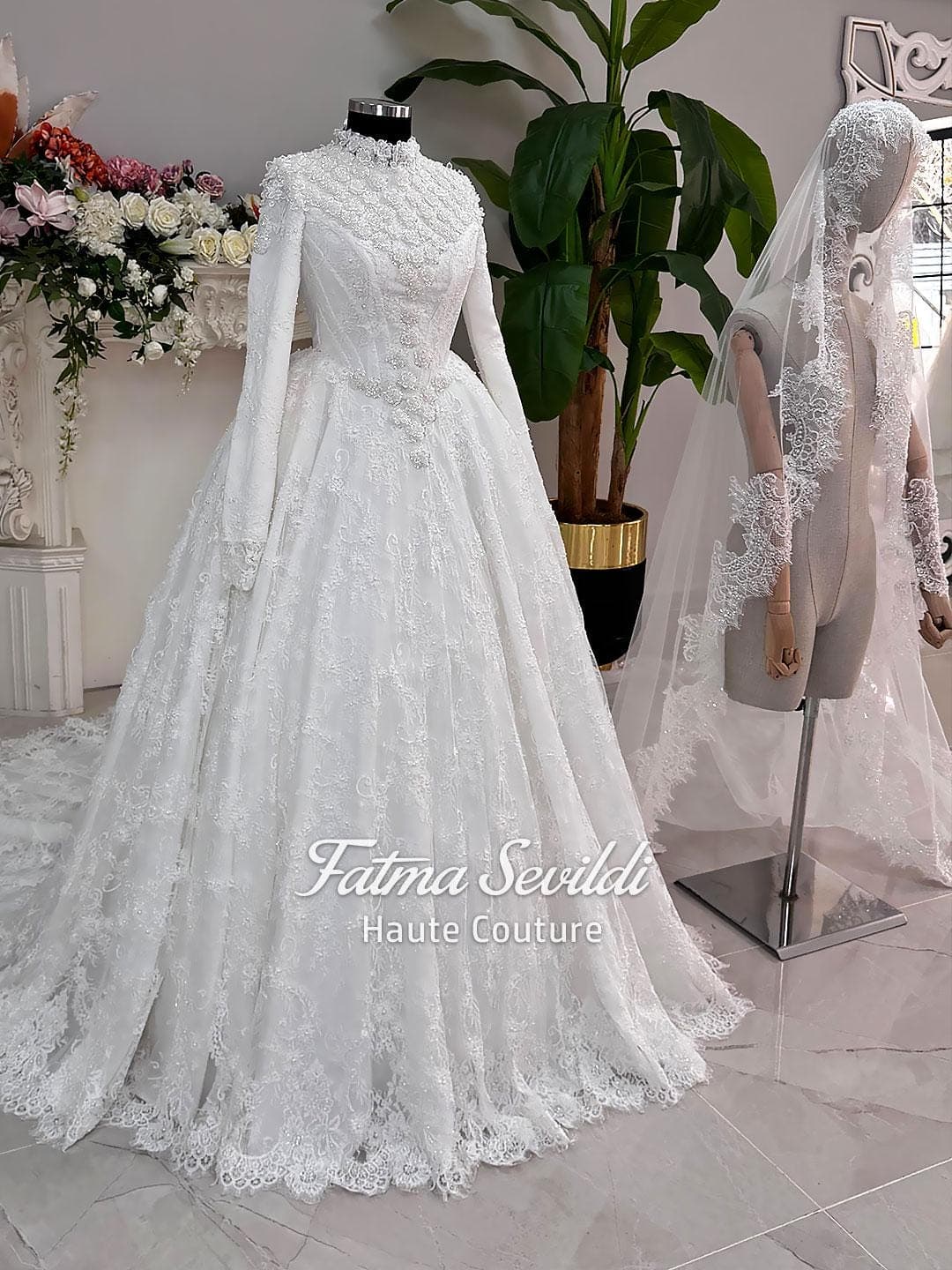 Luxury Modest Ballgown, Hijab Basque Wedding Dress, Long Sleeve High Neck, Veiled Dress