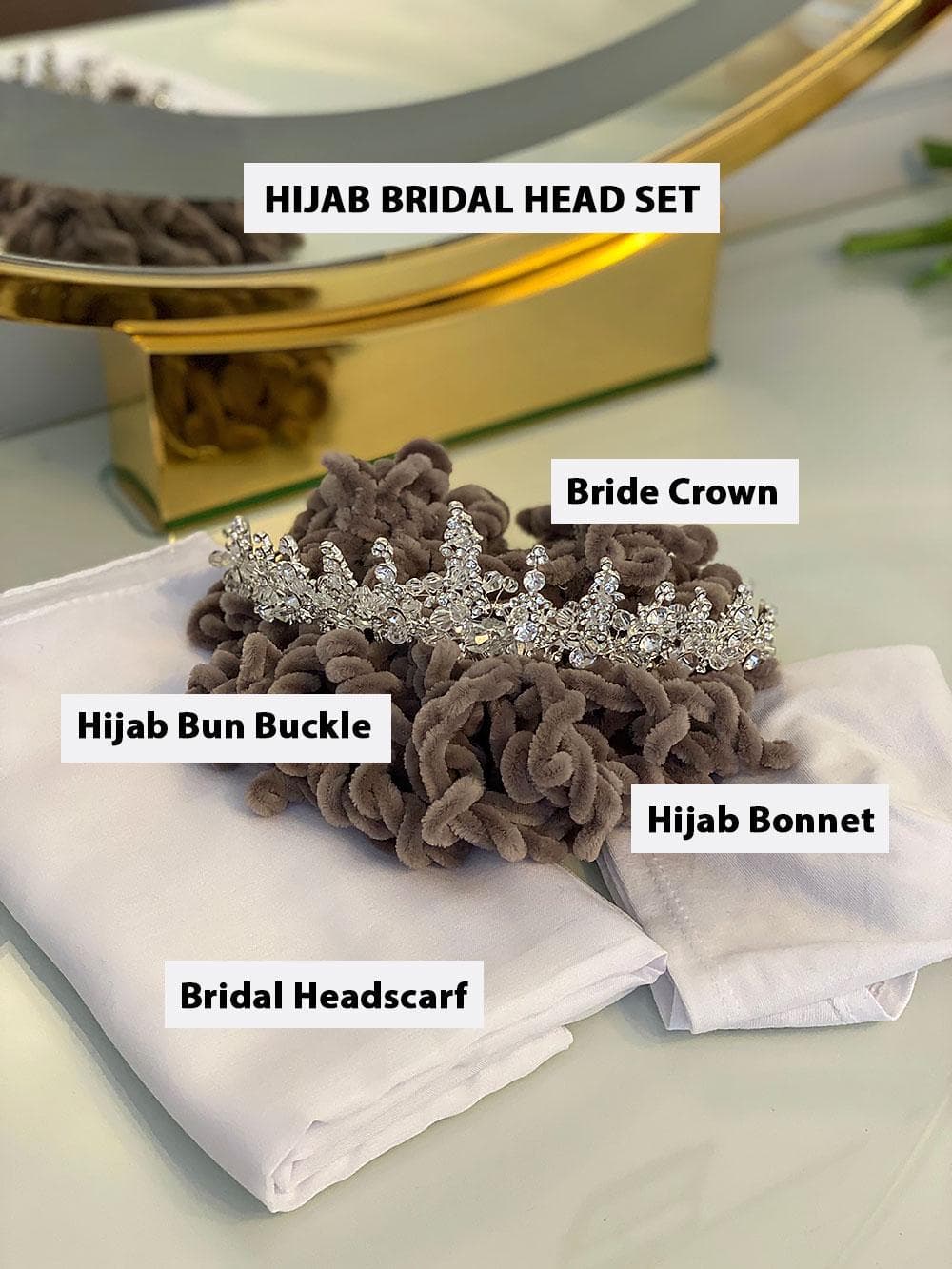 Bridal hijab headscarf in soft matte satin, photo-ready with no shine or glare, designed for elegant modest wedding styling. Available in white or ivory with optional hijab head set.