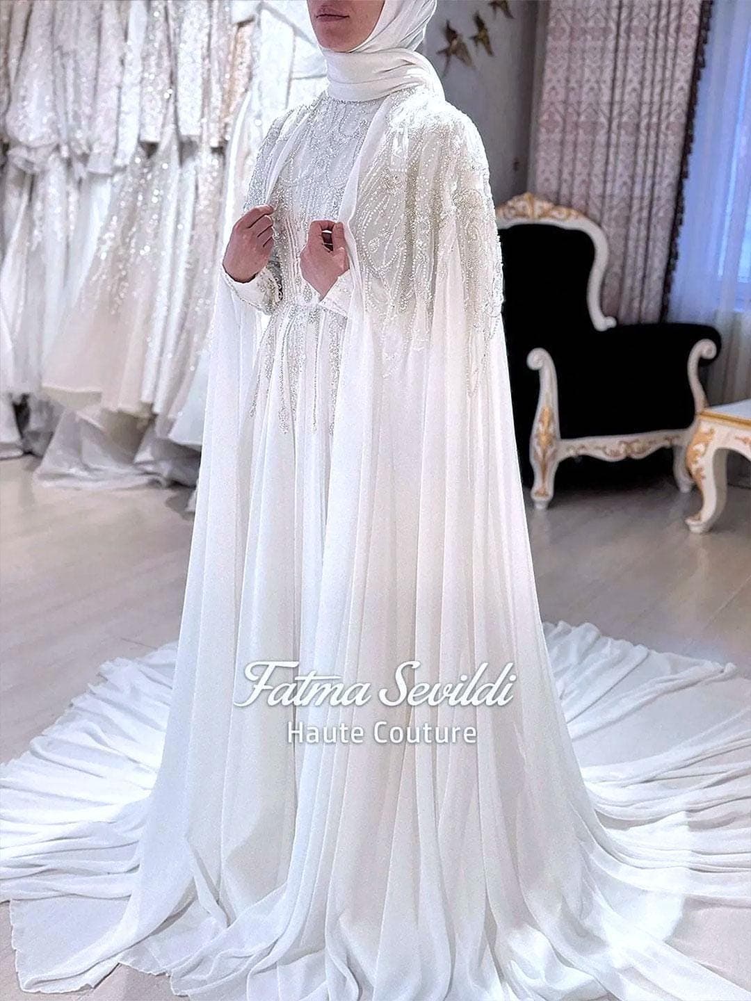 Hijab Wedding Dress, Satin Long Cape Long Sleeve Modest Bridal Gown, Custom Made