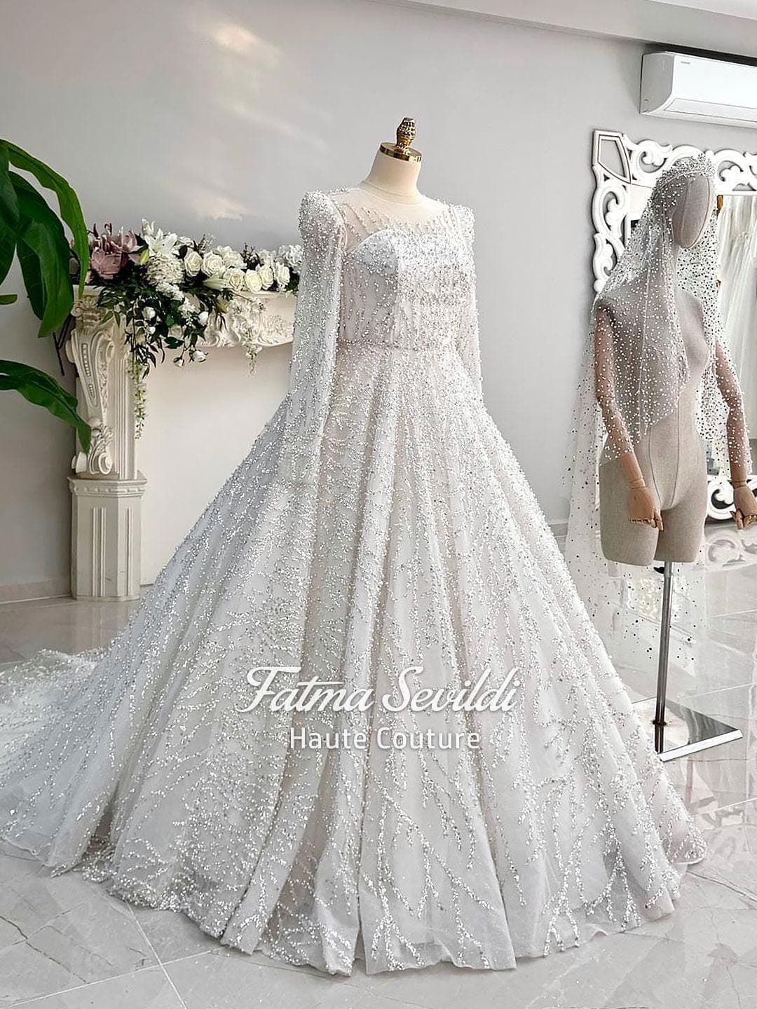 Luxury Pearl Ball Gown Wedding Dress, Beaded Tulle Skirt, Custom Couture Bridal