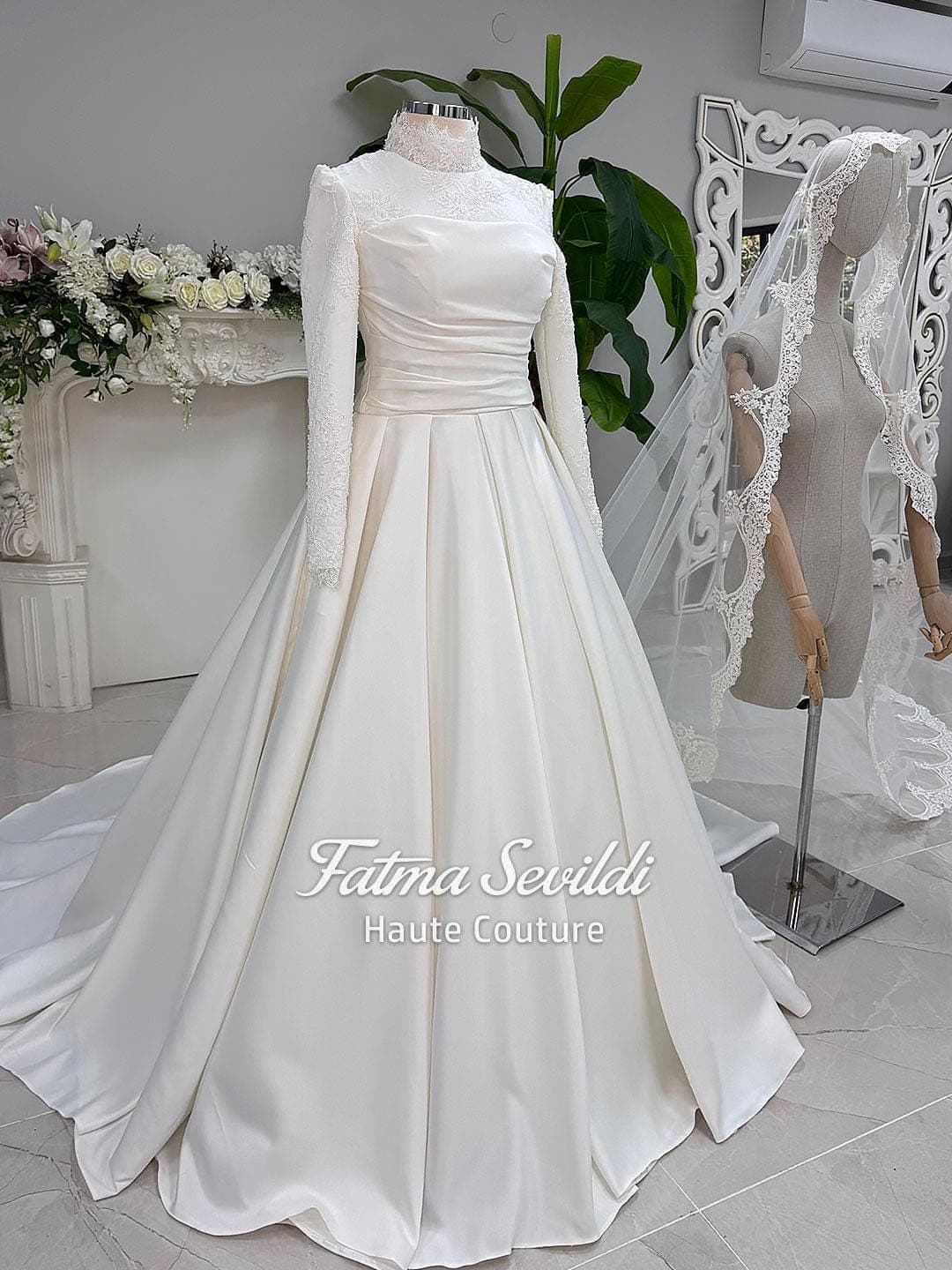 Muslim Wedding Dress with Hijab, Satin High Neck Long Sleeve A-Line Modest Bridal Gown