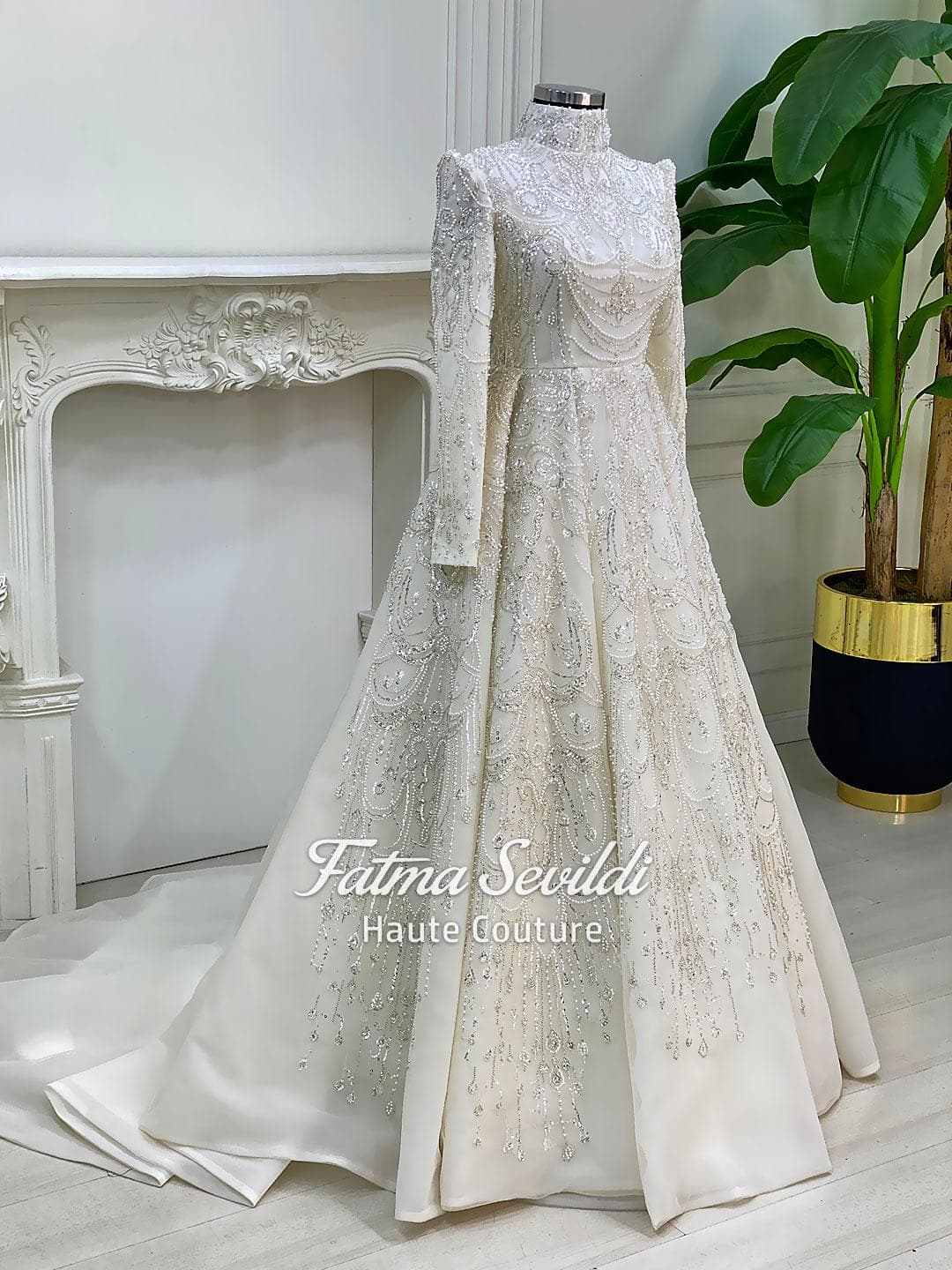 Hijab Wedding Dress, Luxury Beaded Lace High Neck Long Sleeve A-Line Gown