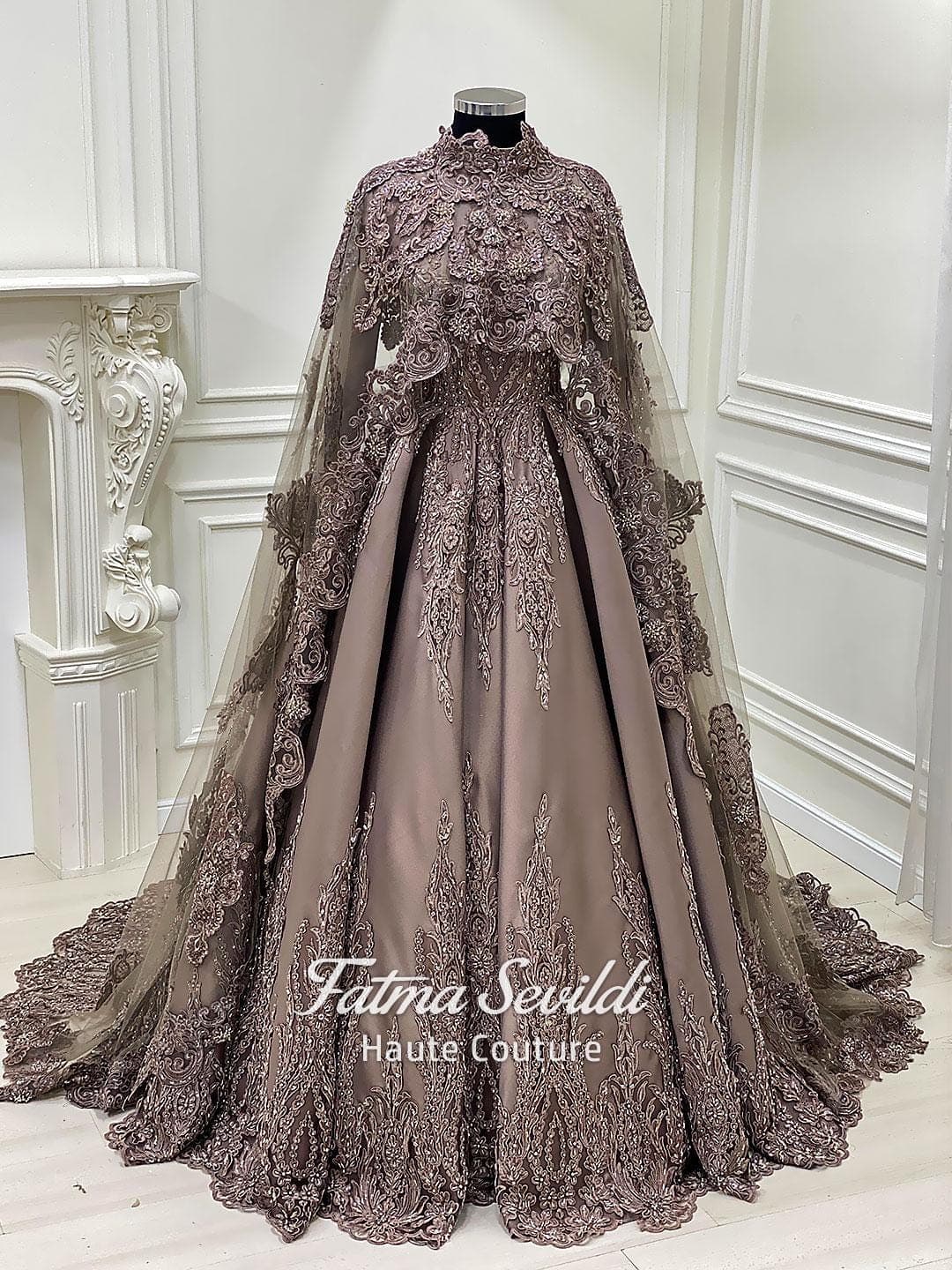 Hijab Engagement Dress with Long Cloak, Beaded Lace Ballgown, Custom Hijab Bridal