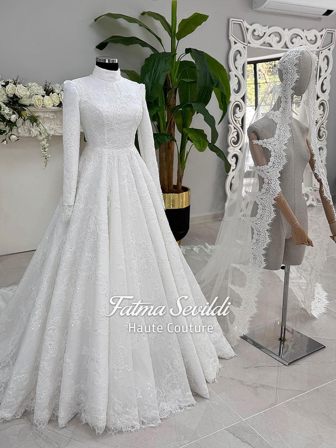 Muslim Wedding Dress with Hijab, Beaded Lace High Neck Long Sleeve Corset A-Line Gown