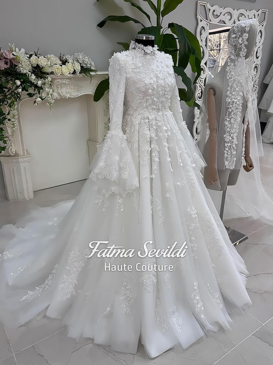 Muslim Wedding Dress with Hijab, Floral Applique A-Line High Neck Long Sleeve, Custom Made