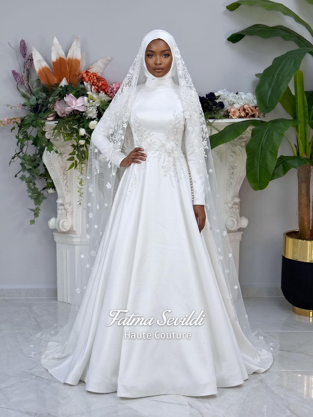 Muslim Wedding Dress with Hijab, 3D Floral Beaded Lace, High Neck, A-Line Long Sleeve