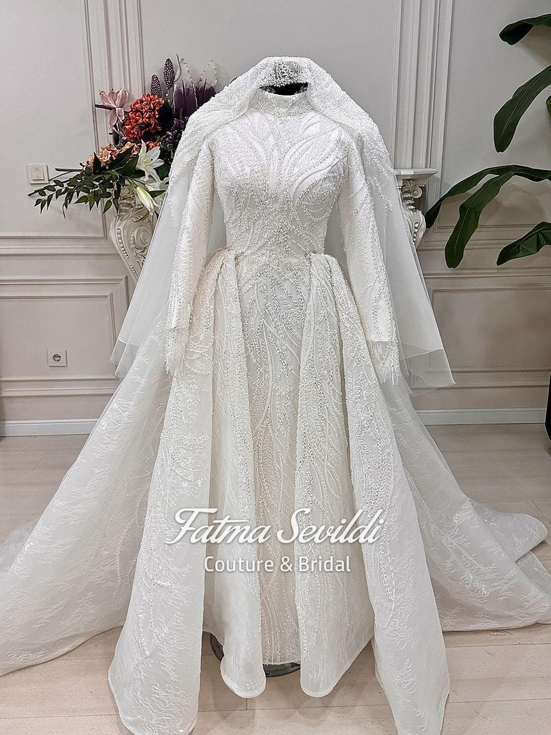 Muslim Wedding Dress with Hijab, Mermaid Beaded Lace Long Sleeve, Detachable Skirt Couture Set