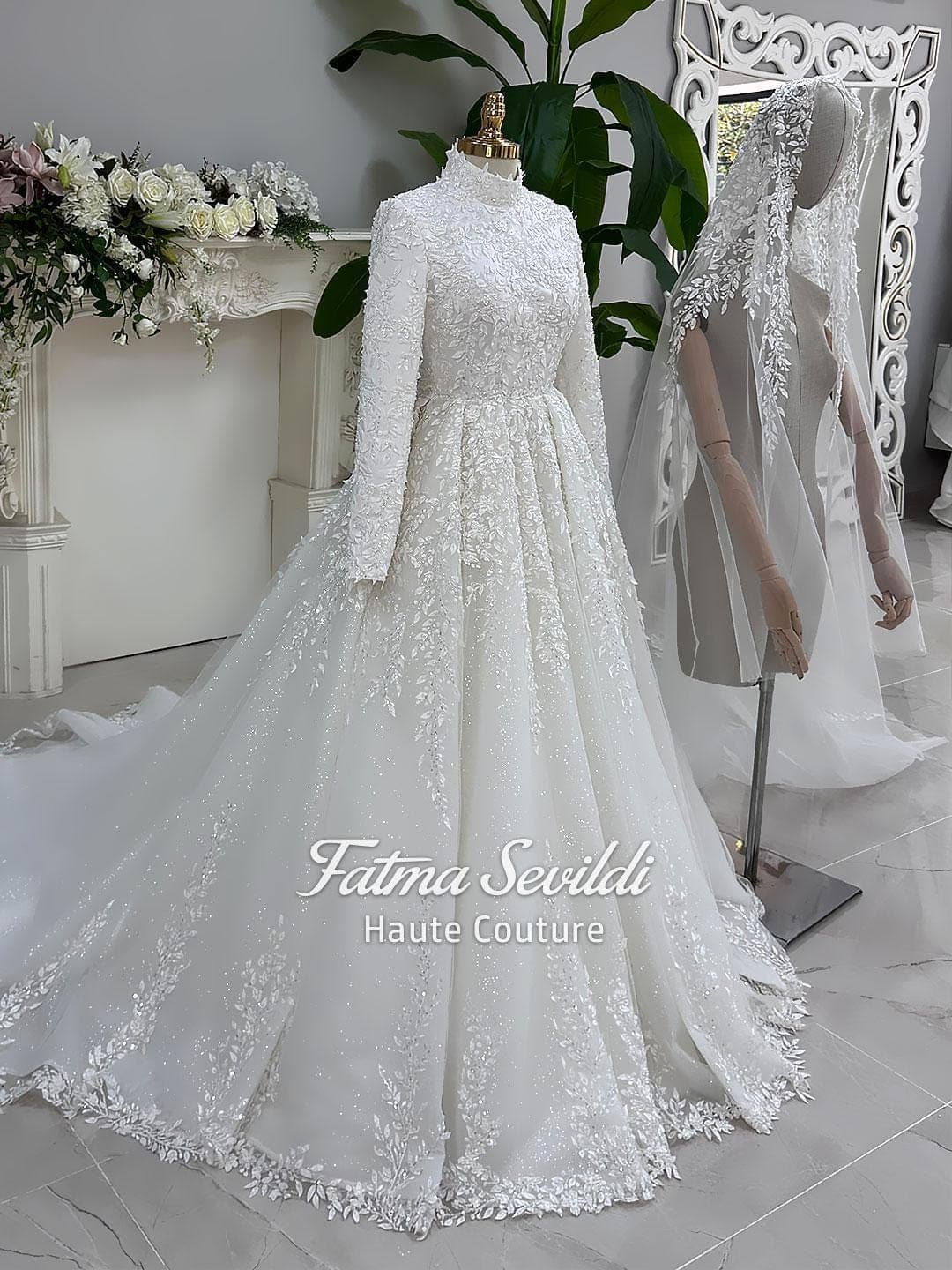 Muslim Wedding Dress with Hijab, Glitter Tulle Ballgown, High Neck Long Sleeve, Custom Made