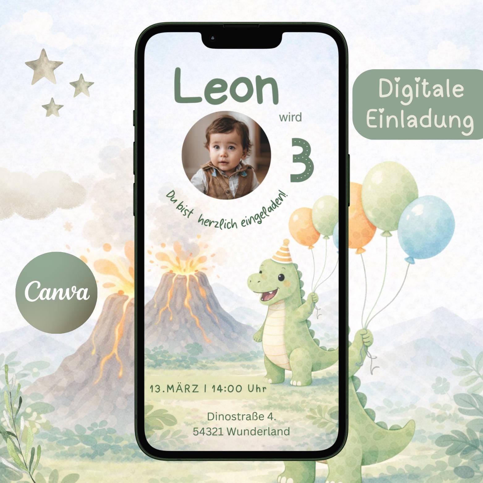 Dino Einladung 3. Geburtstag Junge – Digitale WhatsApp Einladung personalisierbar – Zahl frei wählbar