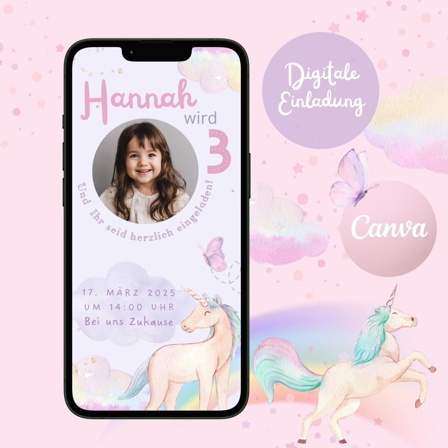 Digitale Einladung Kindergeburtstag Einhorn Regenbogen, personalisierbare Einladung WhatsApp, Geburtstag Mädchen rosa