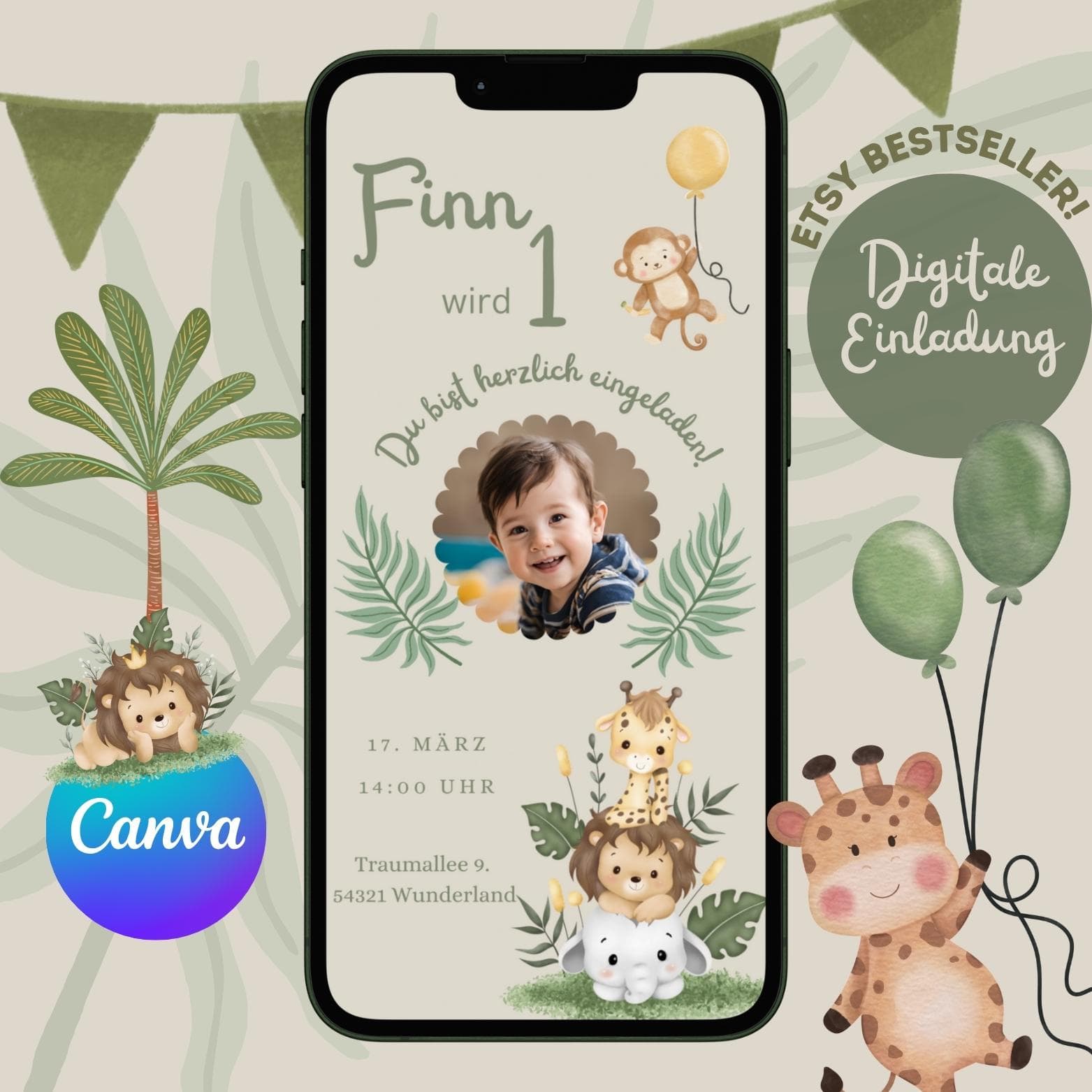 Safari Einladung Kindergeburtstag Junge – Digitale WhatsApp Einladung personalisierbar – Geburtstagseinladung