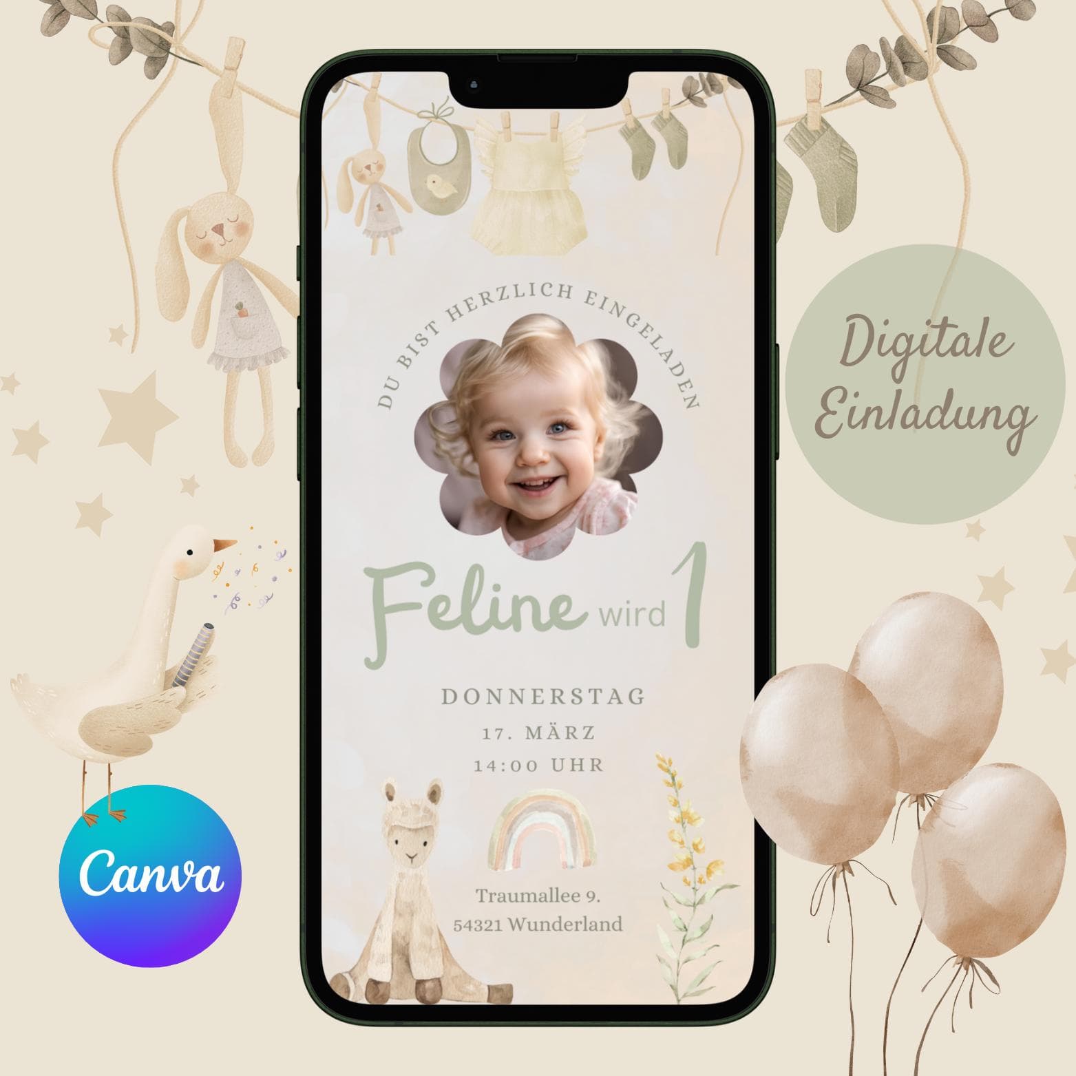 Digitale Einladung Kindergeburtstag, personalisierbare Einladung WhatsApp, Geburtstagseinladung mit Foto, Geburtstagseinladung Handy,Mädchen
