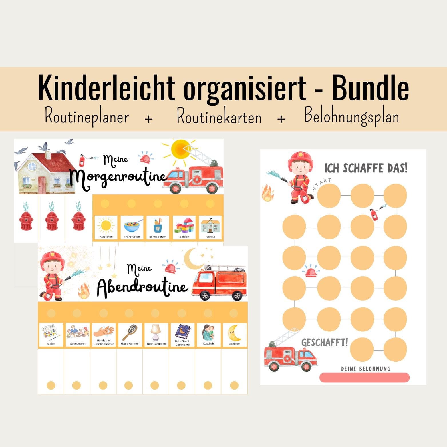 Morgen & Abendroutine für Kinder Feuerwehr, Routineplan für Kinder, Routinekarten Kinder, Routineplan zum ausdrucken, Belohnungstafel Kinder